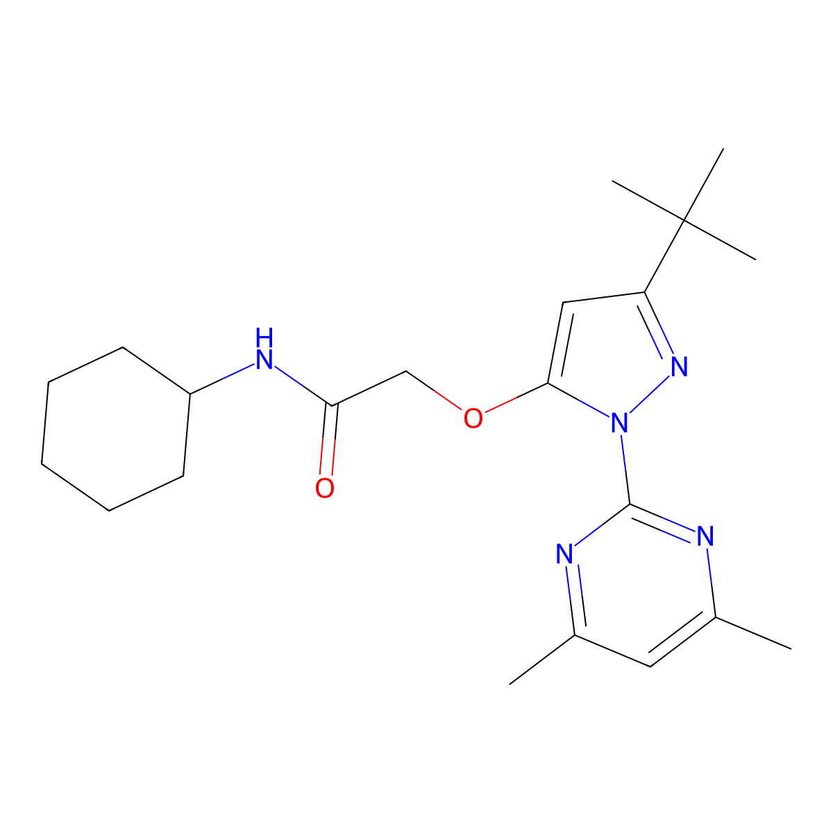2-{[3-tert-butyl-1-(4,6-dimethylpyrimidin-2-yl)-1H-pyrazol-5-yl]oxy}-N-cyclohexylacetamide molecular structure, CAS 1020453-70-6