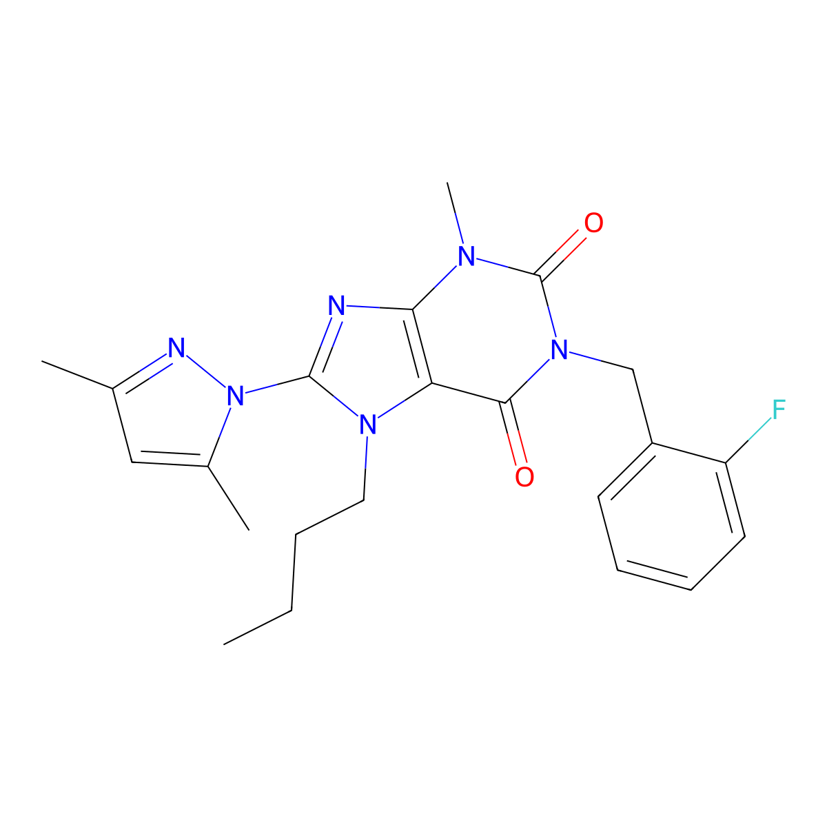 7-butyl-8-(3,5-dimethyl-1H-pyrazol-1-yl)-1-(2-fluorobenzyl)-3-methyl-1H-purine-2,6(3H,7H)-dione molecular structure, CAS 1020453-78-4