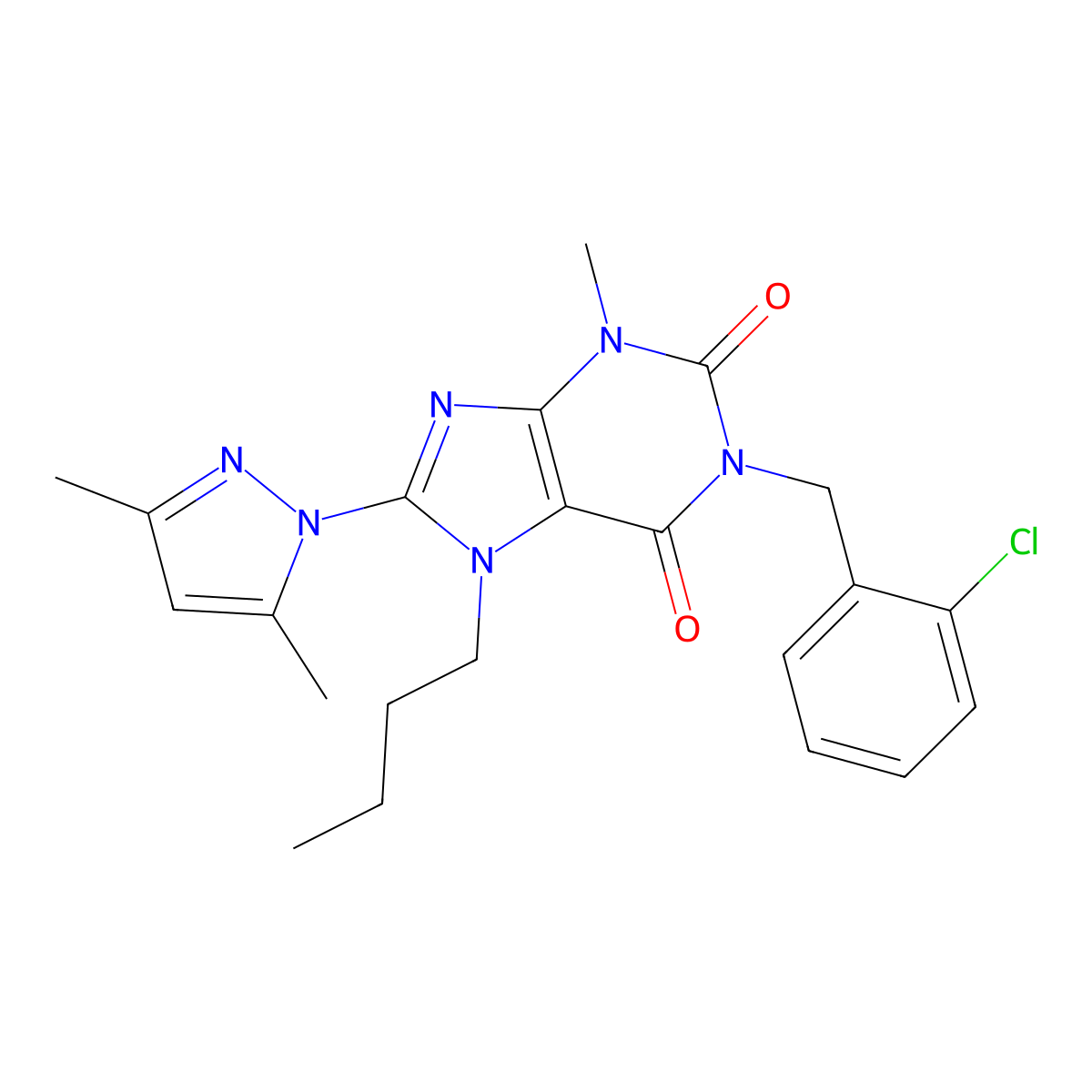 7-butyl-1-(2-chlorobenzyl)-8-(3,5-dimethyl-1H-pyrazol-1-yl)-3-methyl-1H-purine-2,6(3H,7H)-dione molecular structure, CAS 1020453-83-1
