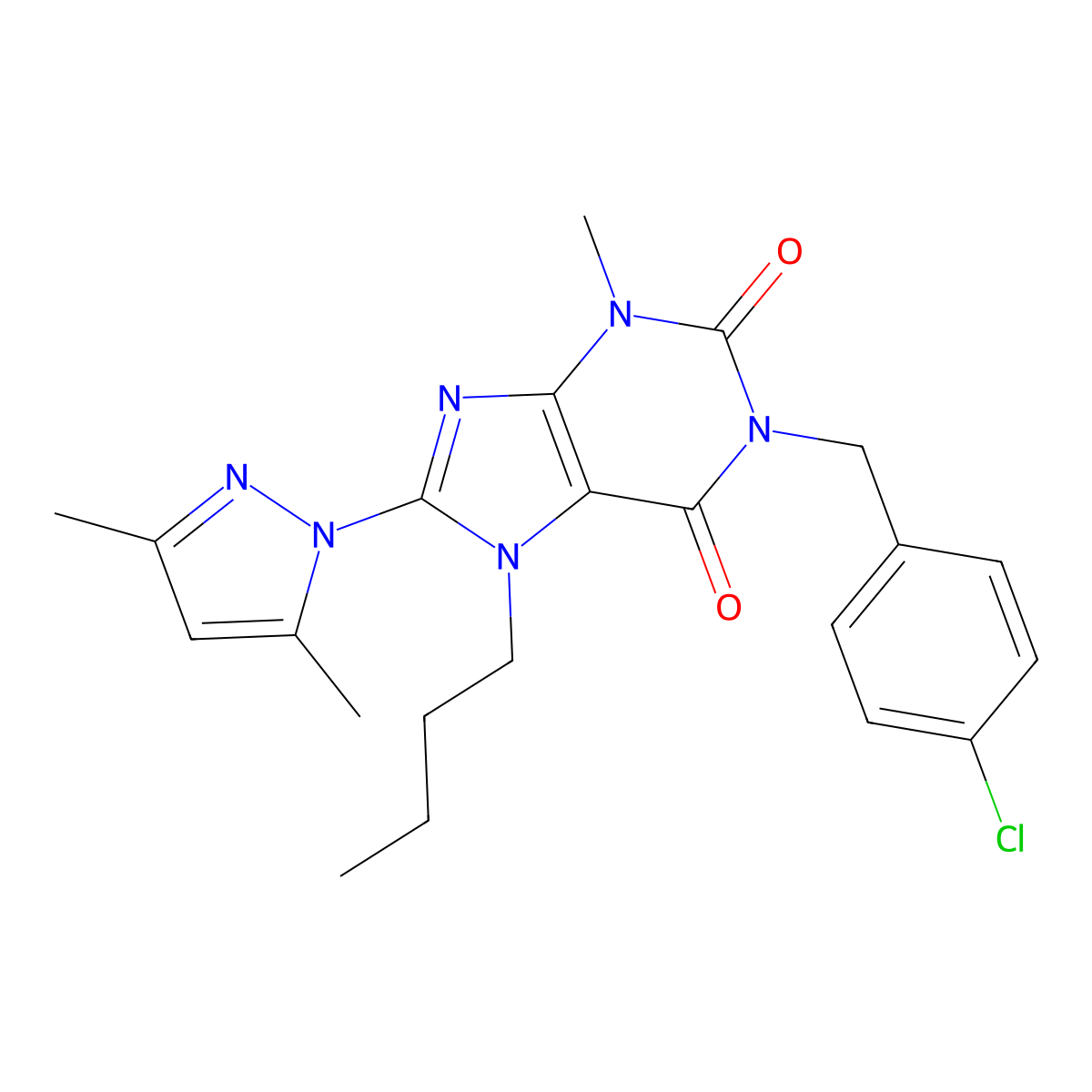 7-butyl-1-(4-chlorobenzyl)-8-(3,5-dimethyl-1H-pyrazol-1-yl)-3-methyl-1H-purine-2,6(3H,7H)-dione molecular structure, CAS 1020453-87-5