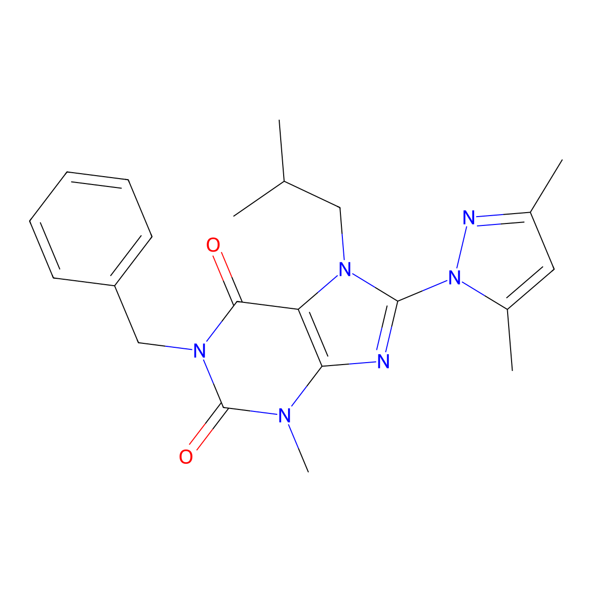 1-benzyl-8-(3,5-dimethyl-1H-pyrazol-1-yl)-7-isobutyl-3-methyl-1H-purine-2,6(3H,7H)-dione molecular structure, CAS 1020453-97-7