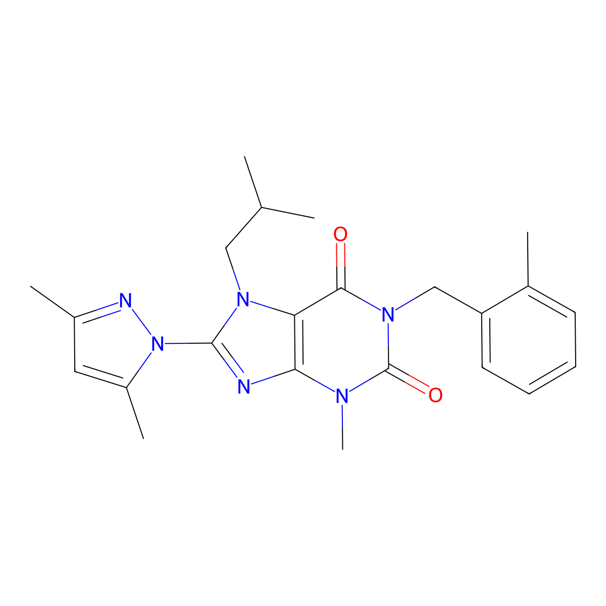 8-(3,5-dimethyl-1H-pyrazol-1-yl)-7-isobutyl-3-methyl-1-(2-methylbenzyl)-1H-purine-2,6(3H,7H)-dione molecular structure, CAS 1020453-99-9