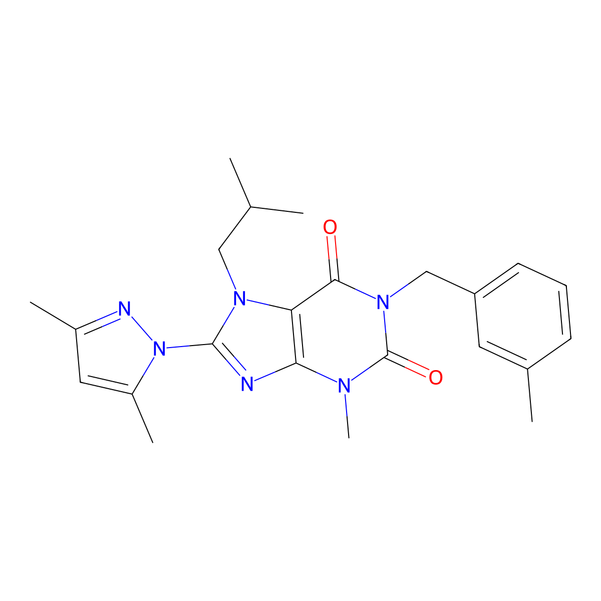 8-(3,5-dimethyl-1H-pyrazol-1-yl)-7-isobutyl-3-methyl-1-(3-methylbenzyl)-1H-purine-2,6(3H,7H)-dione molecular structure, CAS 1020454-02-7