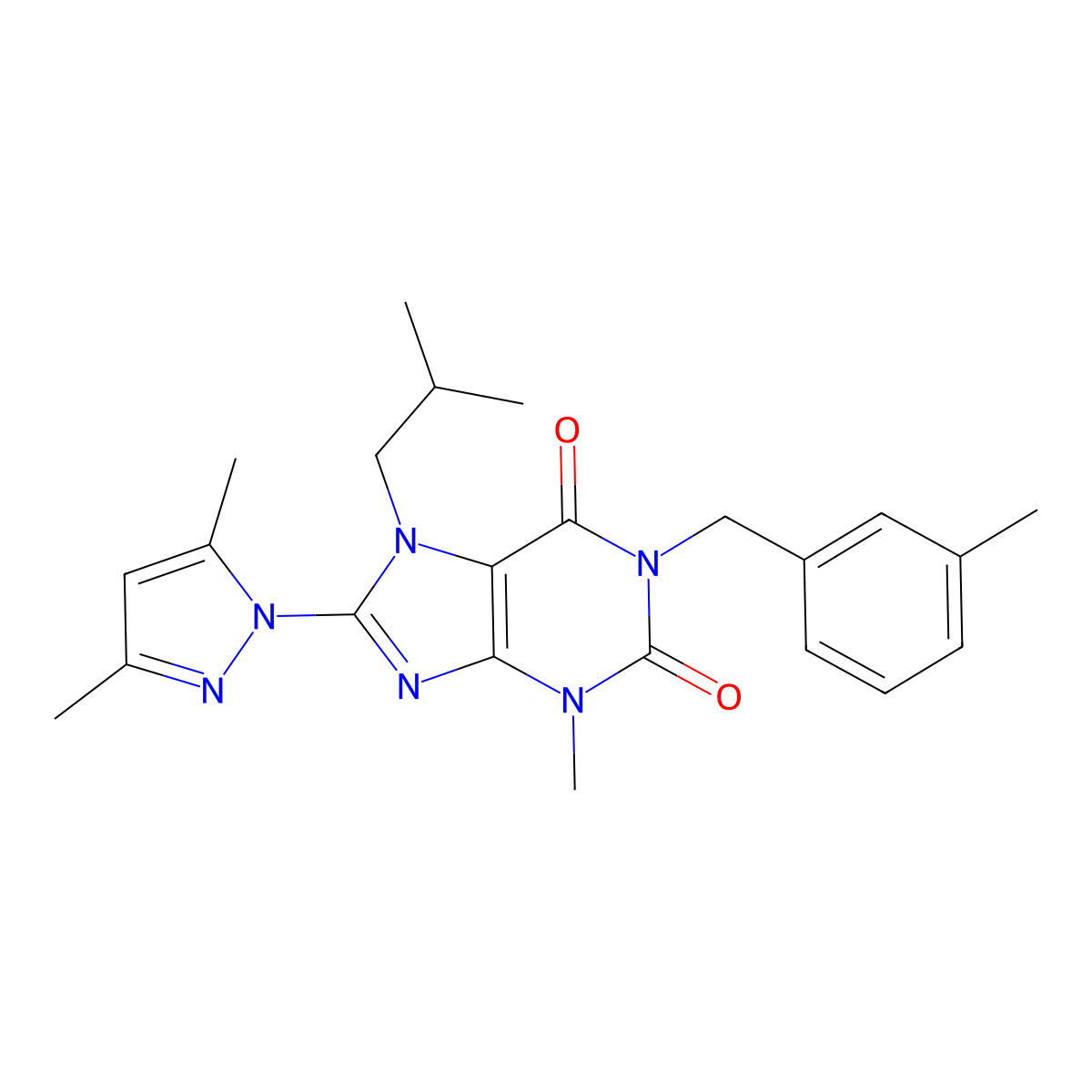 8-(3,5-dimethyl-1H-pyrazol-1-yl)-7-isobutyl-3-methyl-1-(3-methylbenzyl)-1H-purine-2,6(3H,7H)-dione molecular structure, CAS 1020454-02-7