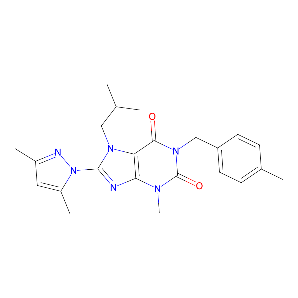 8-(3,5-dimethyl-1H-pyrazol-1-yl)-7-isobutyl-3-methyl-1-(4-methylbenzyl)-1H-purine-2,6(3H,7H)-dione molecular structure, CAS 1020454-05-0