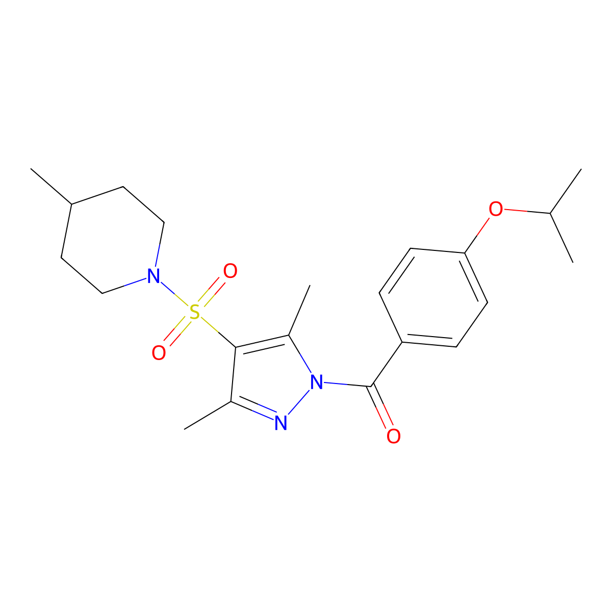 1-({3,5-dimethyl-1-[4-(propan-2-yloxy)benzoyl]-1H-pyrazol-4-yl}sulfonyl)-4-methylpiperidine molecular structure, CAS 1020454-07-2