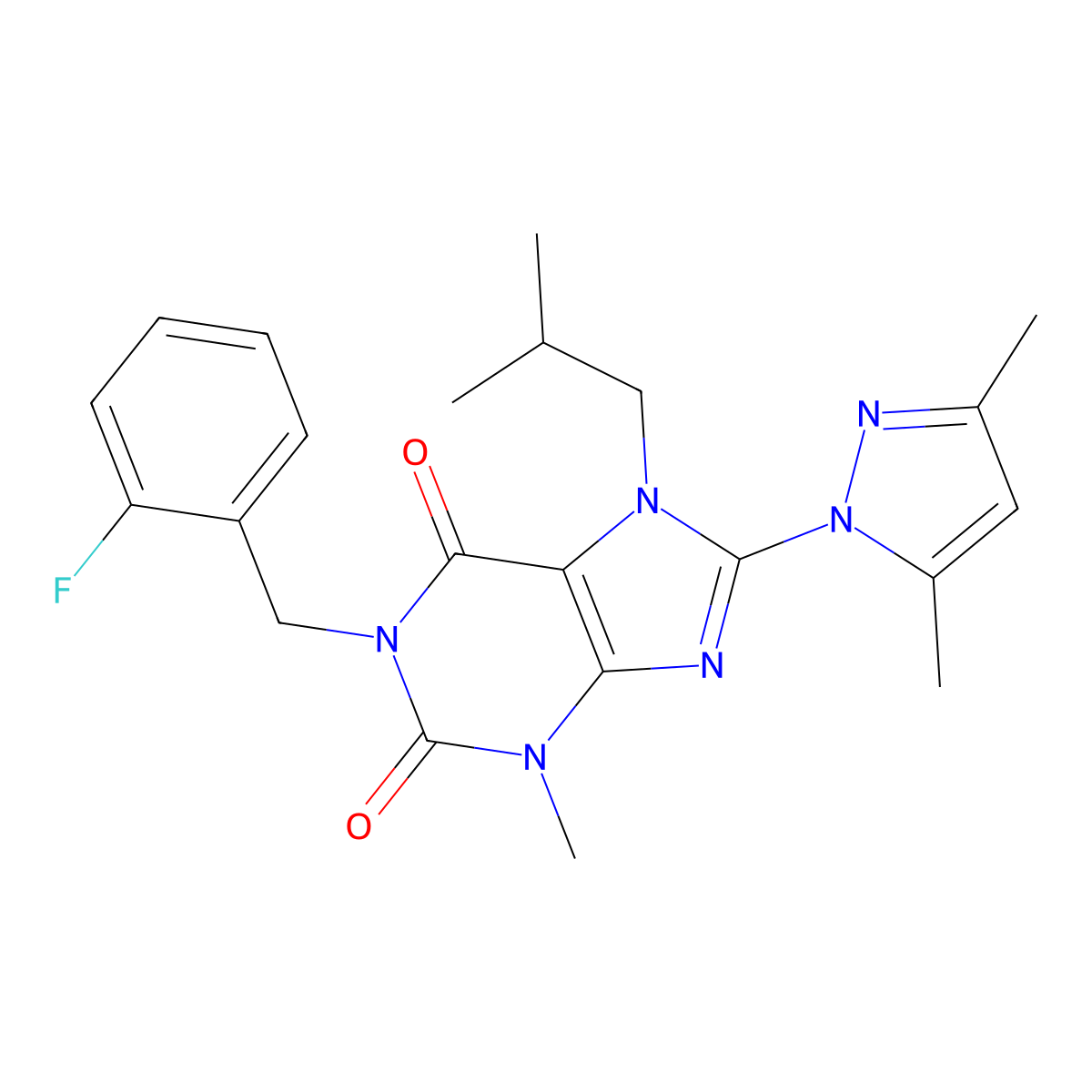 8-(3,5-dimethyl-1H-pyrazol-1-yl)-1-(2-fluorobenzyl)-7-isobutyl-3-methyl-1H-purine-2,6(3H,7H)-dione molecular structure, CAS 1020454-10-7