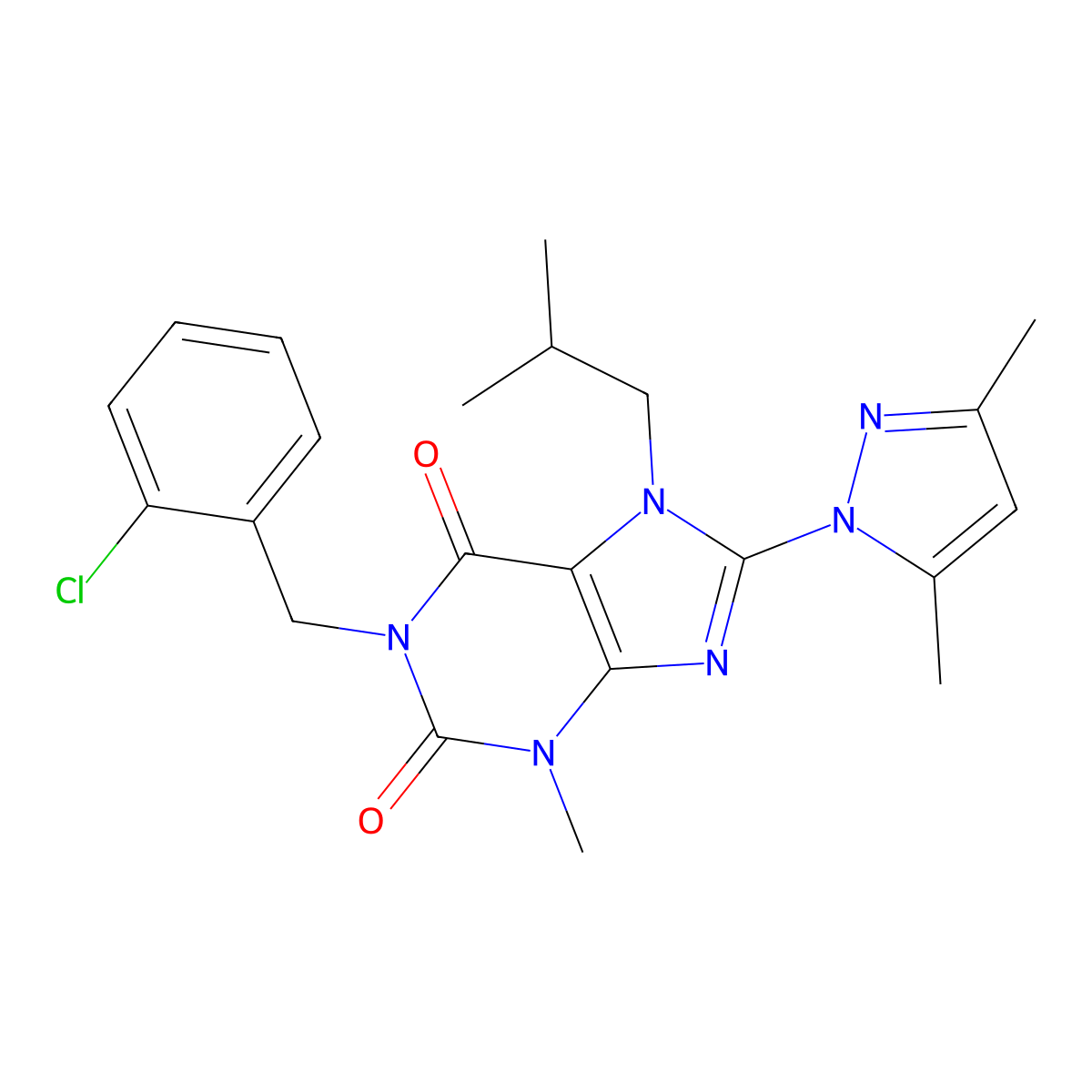 1-(2-chlorobenzyl)-8-(3,5-dimethyl-1H-pyrazol-1-yl)-7-isobutyl-3-methyl-1H-purine-2,6(3H,7H)-dione molecular structure, CAS 1020454-15-2
