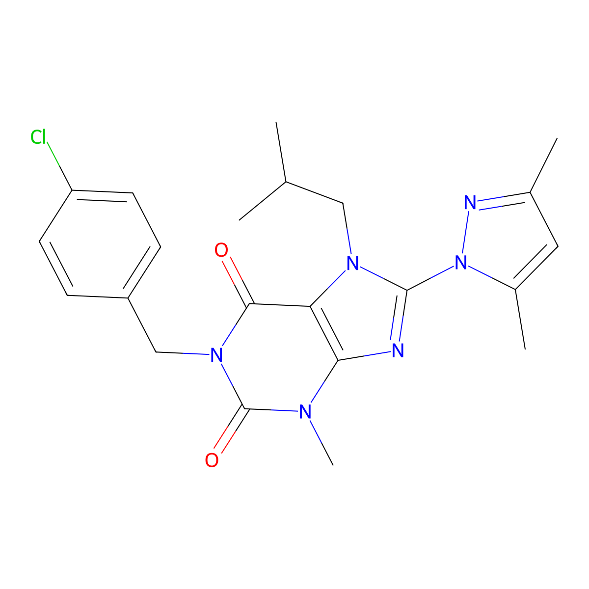 1-(4-chlorobenzyl)-8-(3,5-dimethyl-1H-pyrazol-1-yl)-7-isobutyl-3-methyl-1H-purine-2,6(3H,7H)-dione molecular structure, CAS 1020454-20-9