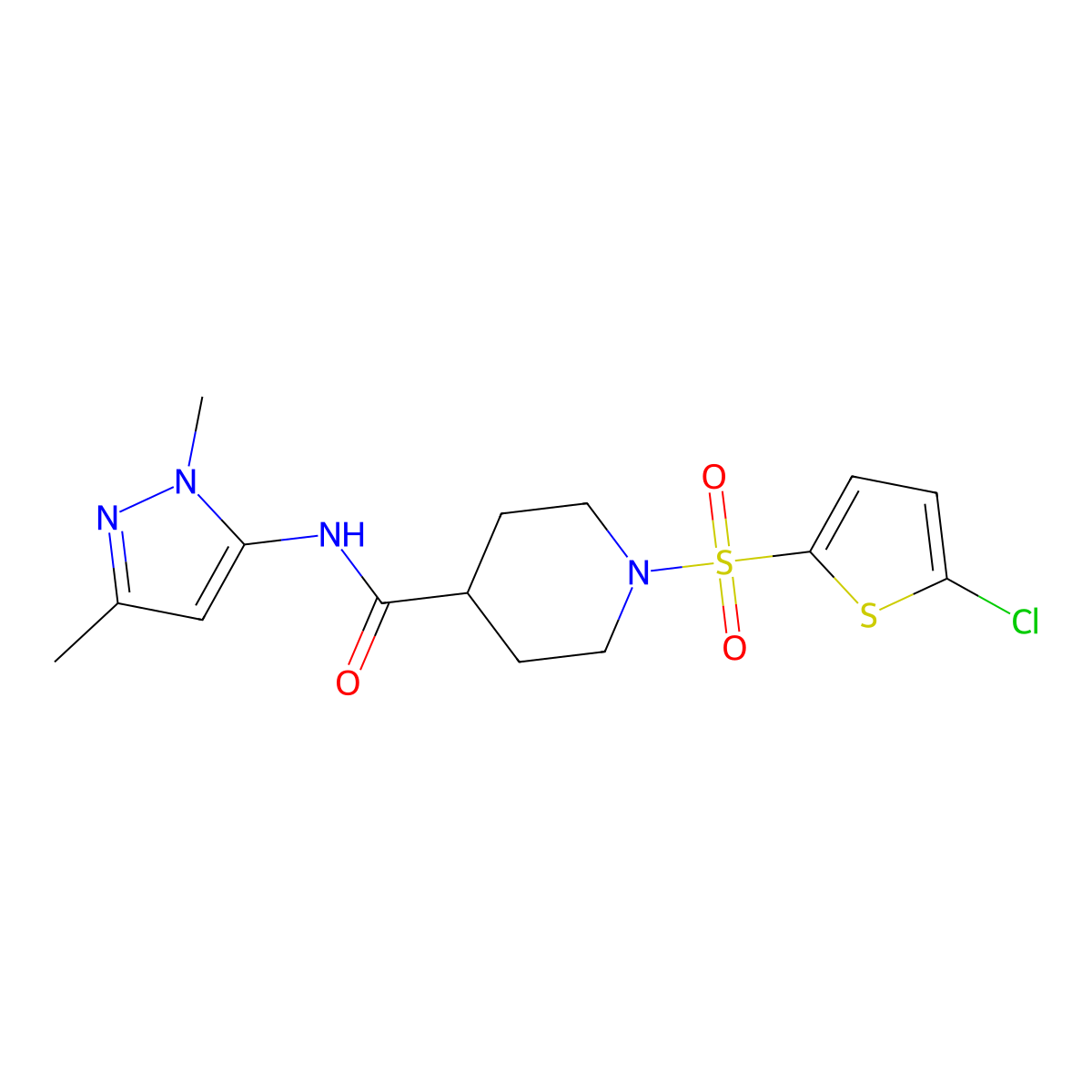 1-((5-chlorothiophen-2-yl)sulfonyl)-N-(1,3-dimethyl-1H-pyrazol-5-yl)piperidine-4-carboxamide molecular structure, CAS 1020454-31-2