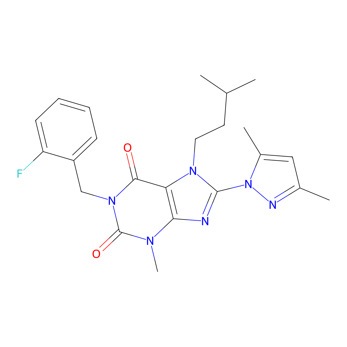 8-(3,5-Dimethylpyrazolyl)-1-[(2-fluorophenyl)methyl]-3-methyl-7-(3-methylbutyl)-1,3,7-trihydropurine-2,6-dione molecular structure, CAS 1020454-34-5