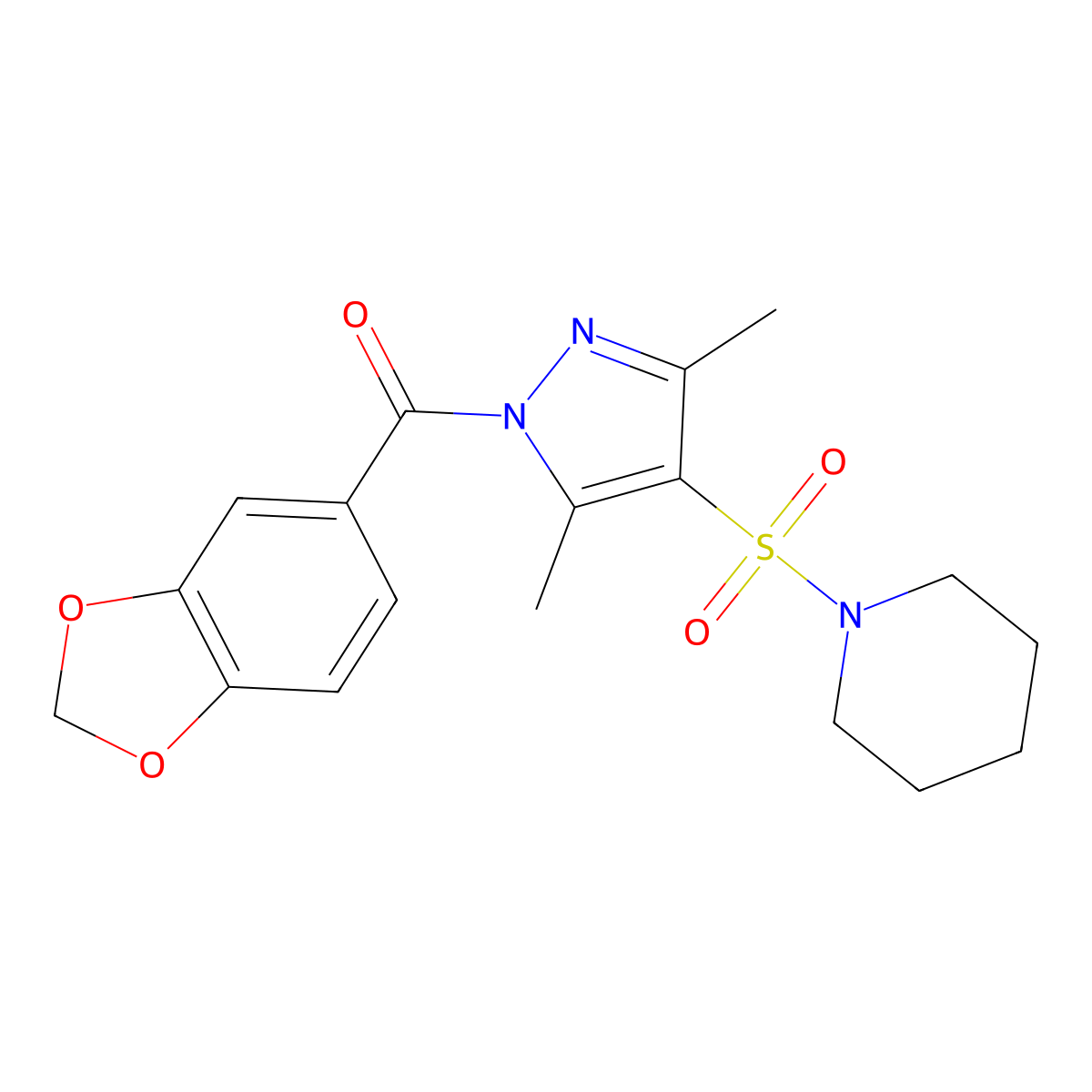 1-{[1-(2H-1,3-benzodioxole-5-carbonyl)-3,5-dimethyl-1H-pyrazol-4-yl]sulfonyl}piperidine molecular structure, CAS 1020454-40-3