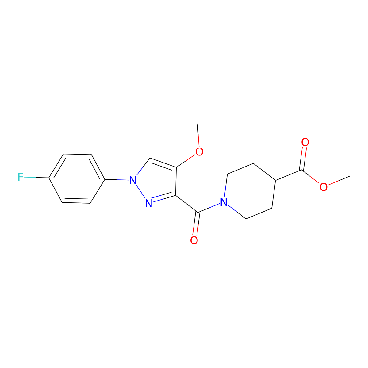 methyl 1-[1-(4-fluorophenyl)-4-methoxy-1H-pyrazole-3-carbonyl]piperidine-4-carboxylate molecular structure, CAS 1020454-43-6