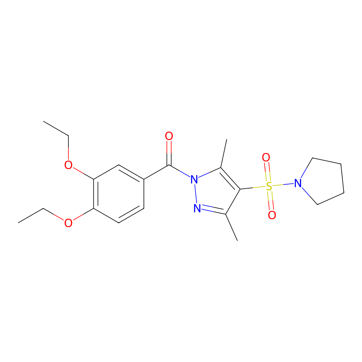 (3,4-diethoxyphenyl)(3,5-dimethyl-4-(pyrrolidin-1-ylsulfonyl)-1H-pyrazol-1-yl)methanone molecular structure, CAS 1020454-46-9