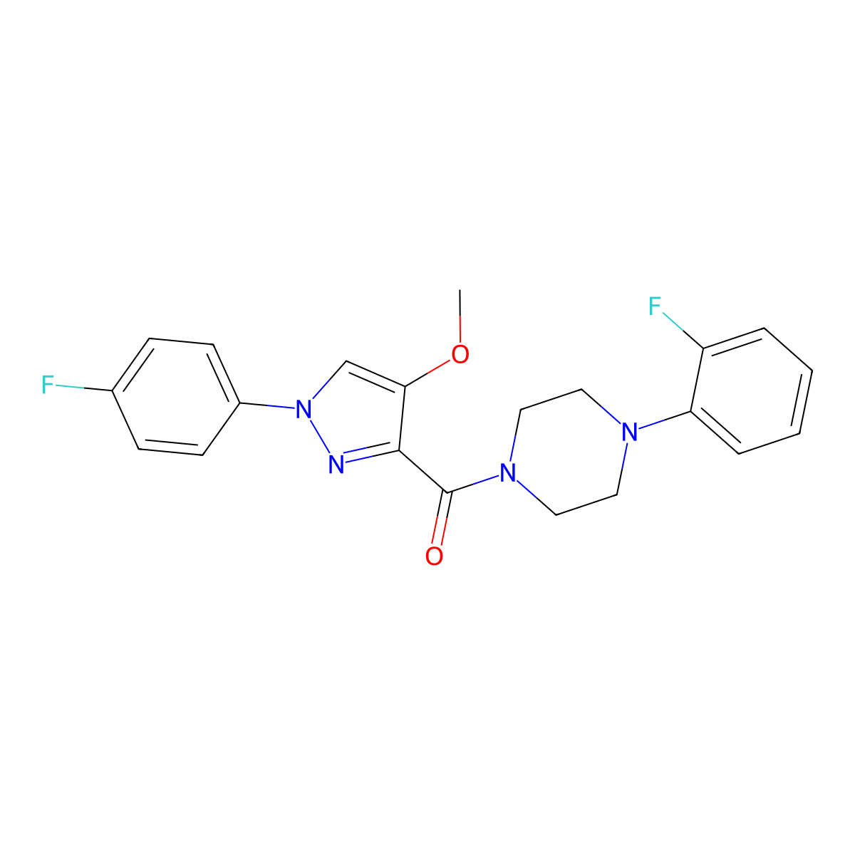 1-(2-fluorophenyl)-4-[1-(4-fluorophenyl)-4-methoxy-1H-pyrazole-3-carbonyl]piperazine molecular structure, CAS 1020454-50-5