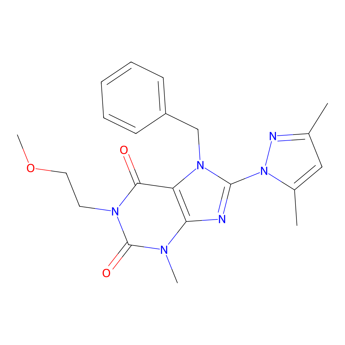 7-benzyl-8-(3,5-dimethyl-1H-pyrazol-1-yl)-1-(2-methoxyethyl)-3-methyl-1H-purine-2,6(3H,7H)-dione molecular structure, CAS 1020454-51-6