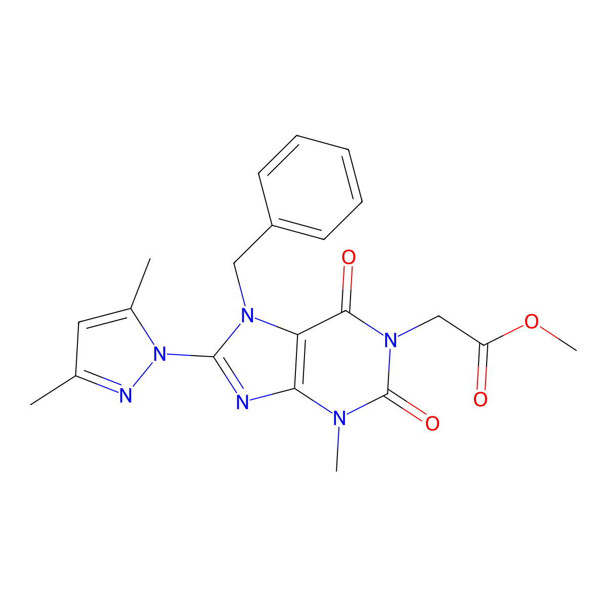 methyl [7-benzyl-8-(3,5-dimethyl-1H-pyrazol-1-yl)-3-methyl-2,6-dioxo-2,3,6,7-tetrahydro-1H-purin-1-yl]acetate molecular structure, CAS 1020454-53-8