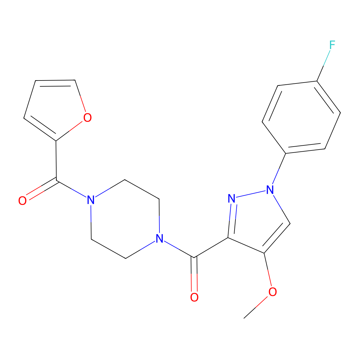 1-[1-(4-fluorophenyl)-4-methoxy-1H-pyrazole-3-carbonyl]-4-(furan-2-carbonyl)piperazine molecular structure, CAS 1020454-54-9