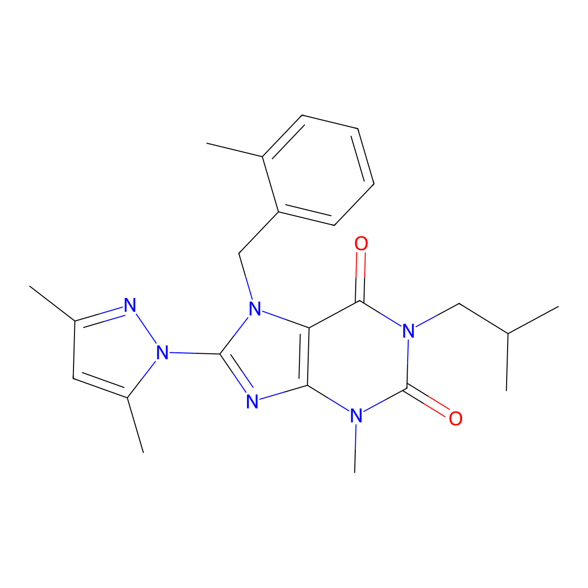 8-(3,5-dimethyl-1H-pyrazol-1-yl)-1-isobutyl-3-methyl-7-(2-methylbenzyl)-1H-purine-2,6(3H,7H)-dione molecular structure, CAS 1020454-58-3