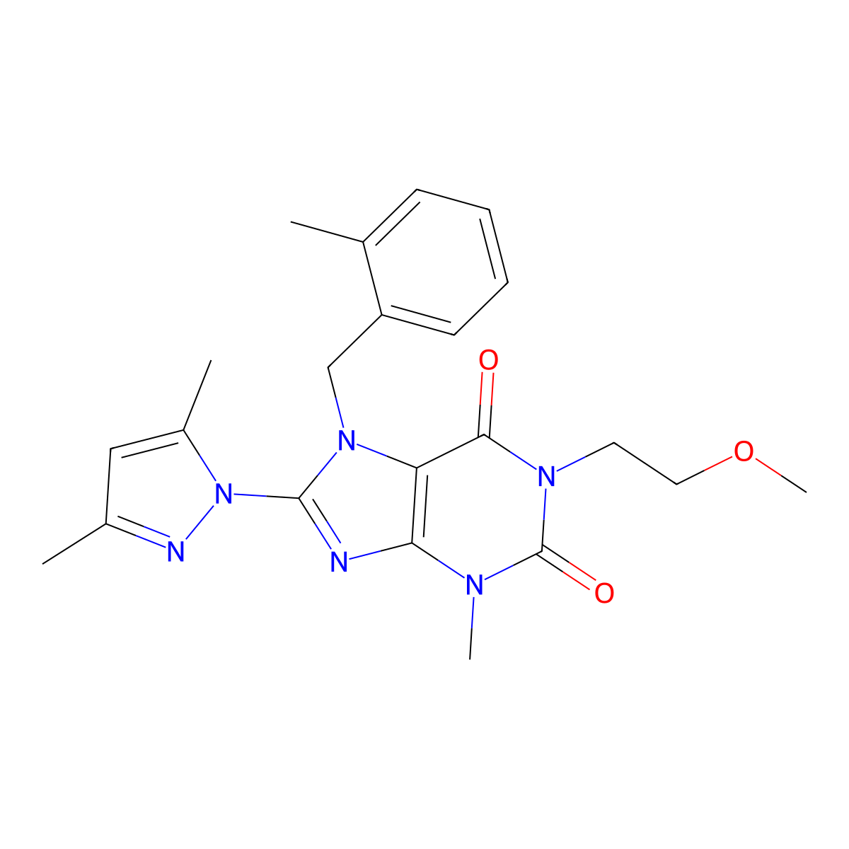 8-(3,5-dimethyl-1H-pyrazol-1-yl)-1-(2-methoxyethyl)-3-methyl-7-(2-methylbenzyl)-1H-purine-2,6(3H,7H)-dione molecular structure, CAS 1020454-60-7