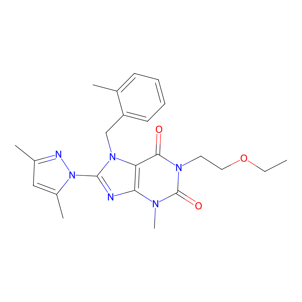8-(3,5-Dimethylpyrazolyl)-1-(2-ethoxyethyl)-3-methyl-7-[(2-methylphenyl)methyl]-1,3,7-trihydropurine-2,6-dione molecular structure, CAS 1020454-63-0