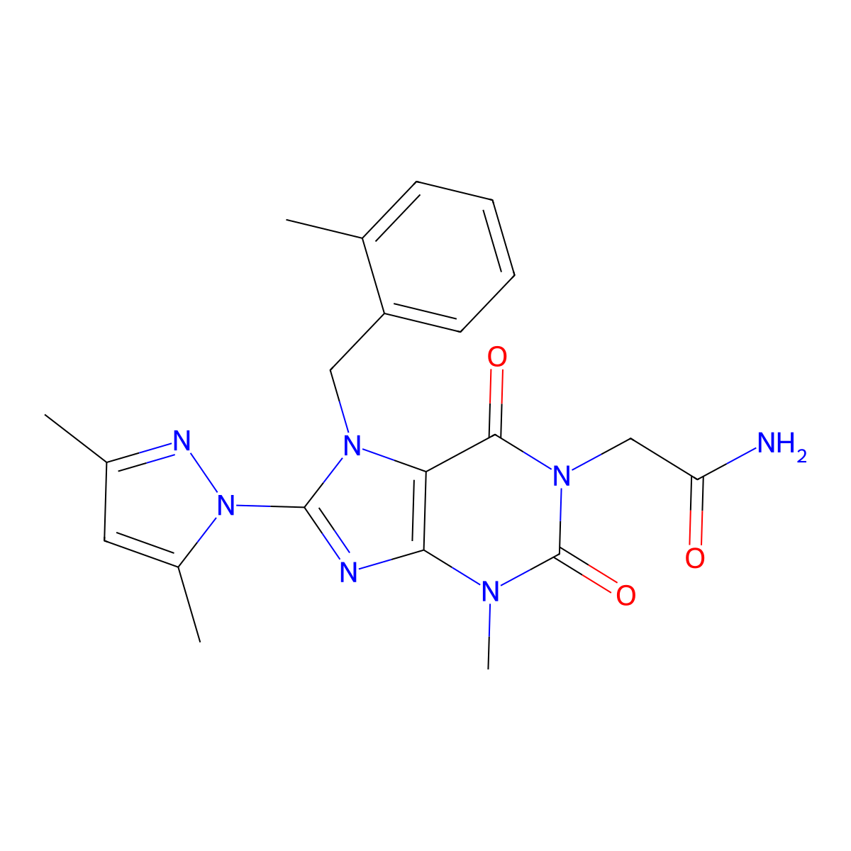 2-[8-(3,5-dimethyl-1H-pyrazol-1-yl)-3-methyl-7-[(2-methylphenyl)methyl]-2,6-dioxo-2,3,6,7-tetrahydro-1H-purin-1-yl]acetamide molecular structure, CAS 1020454-66-3