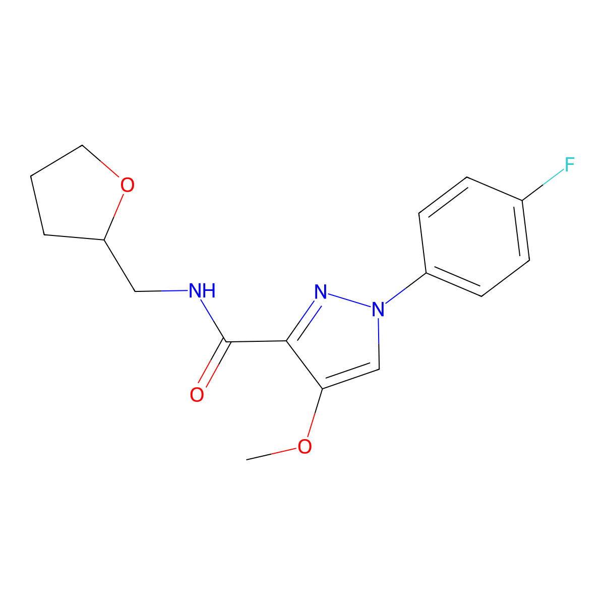 1-(4-fluorophenyl)-4-methoxy-N-((tetrahydrofuran-2-yl)methyl)-1H-pyrazole-3-carboxamide molecular structure, CAS 1020454-70-9