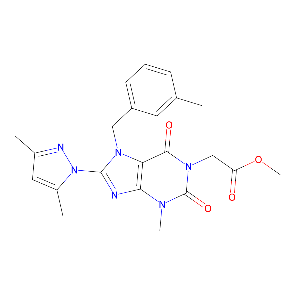 methyl 2-[8-(3,5-dimethyl-1H-pyrazol-1-yl)-3-methyl-7-[(3-methylphenyl)methyl]-2,6-dioxo-2,3,6,7-tetrahydro-1H-purin-1-yl]acetate molecular structure, CAS 1020454-71-0