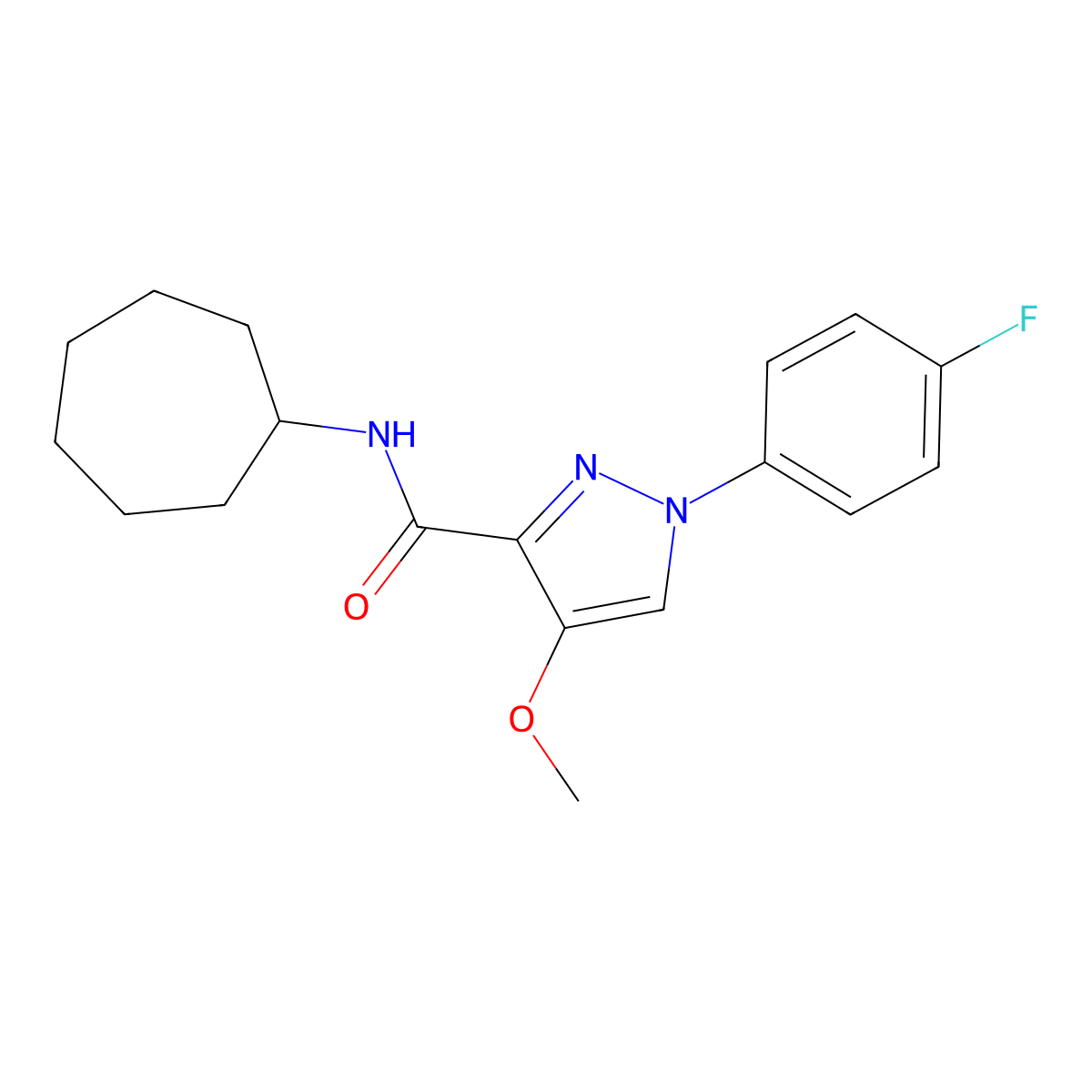 N-cycloheptyl-1-(4-fluorophenyl)-4-methoxy-1H-pyrazole-3-carboxamide molecular structure, CAS 1020454-72-1