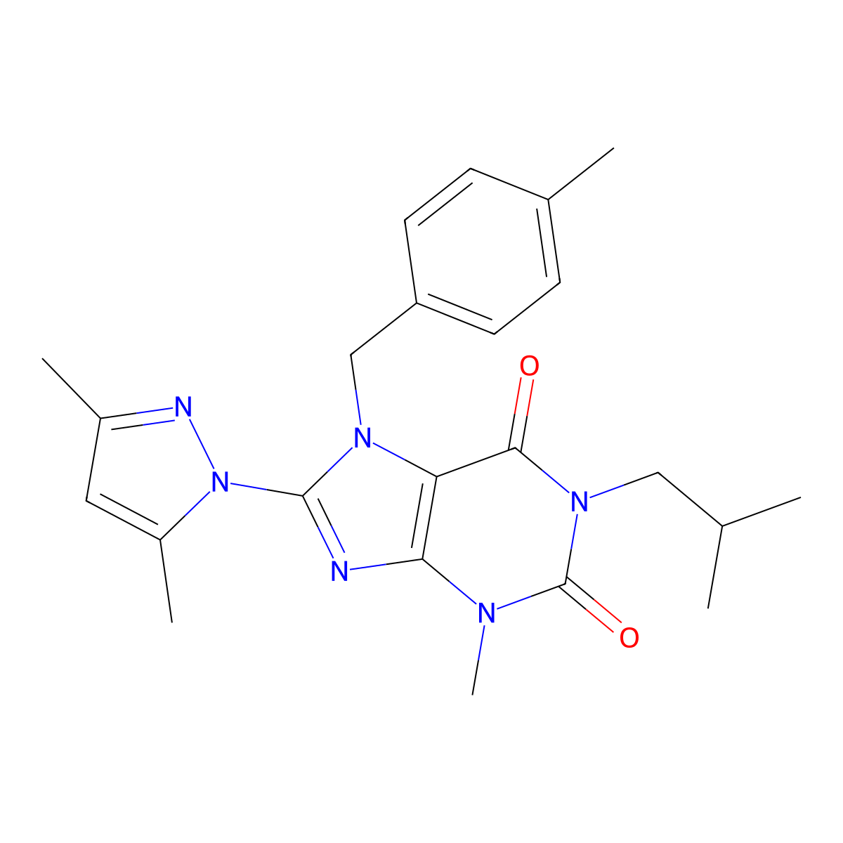 8-(3,5-dimethyl-1H-pyrazol-1-yl)-1-isobutyl-3-methyl-7-(4-methylbenzyl)-1H-purine-2,6(3H,7H)-dione molecular structure, CAS 1020454-78-7