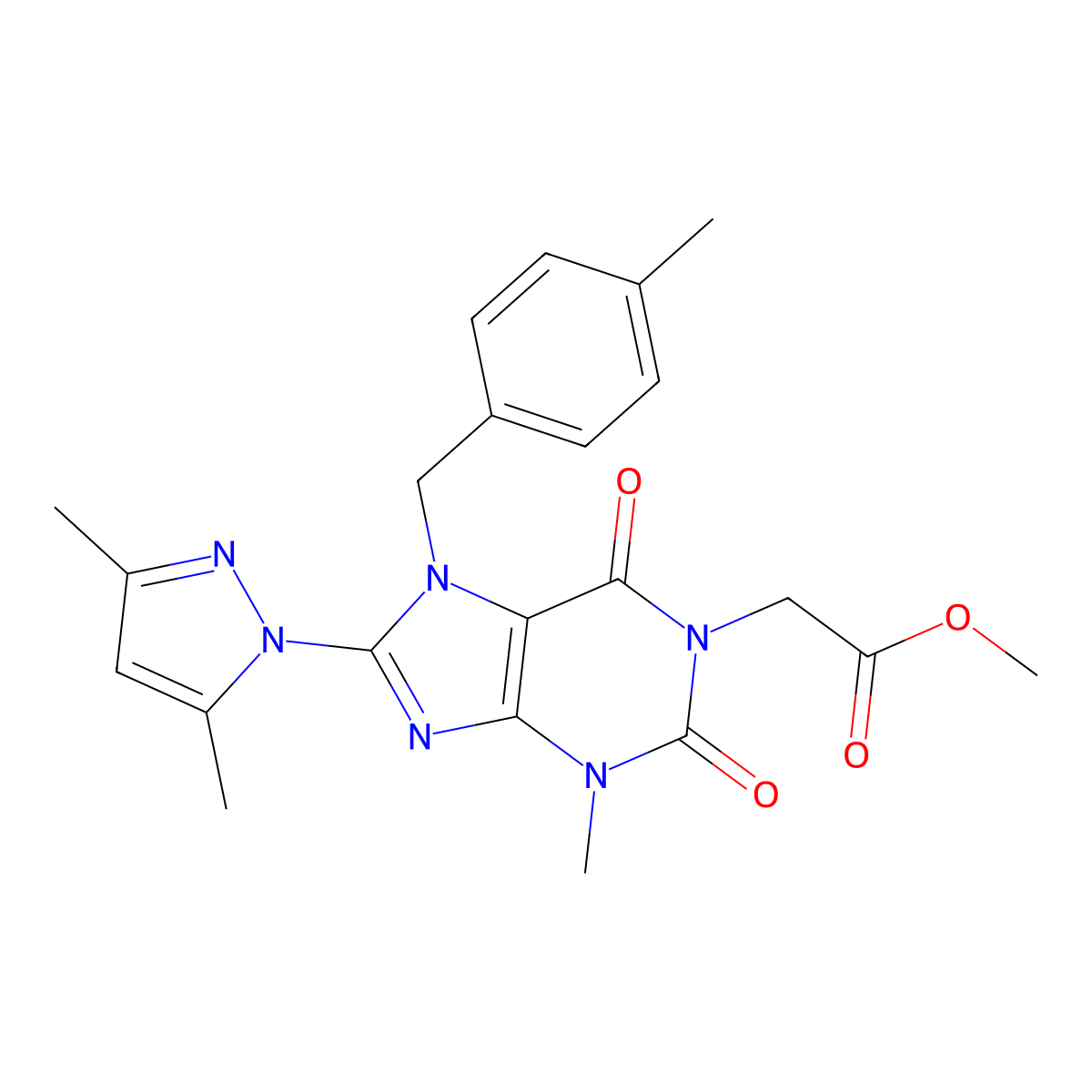 methyl 2-[8-(3,5-dimethyl-1H-pyrazol-1-yl)-3-methyl-7-[(4-methylphenyl)methyl]-2,6-dioxo-2,3,6,7-tetrahydro-1H-purin-1-yl]acetate molecular structure, CAS 1020454-82-3