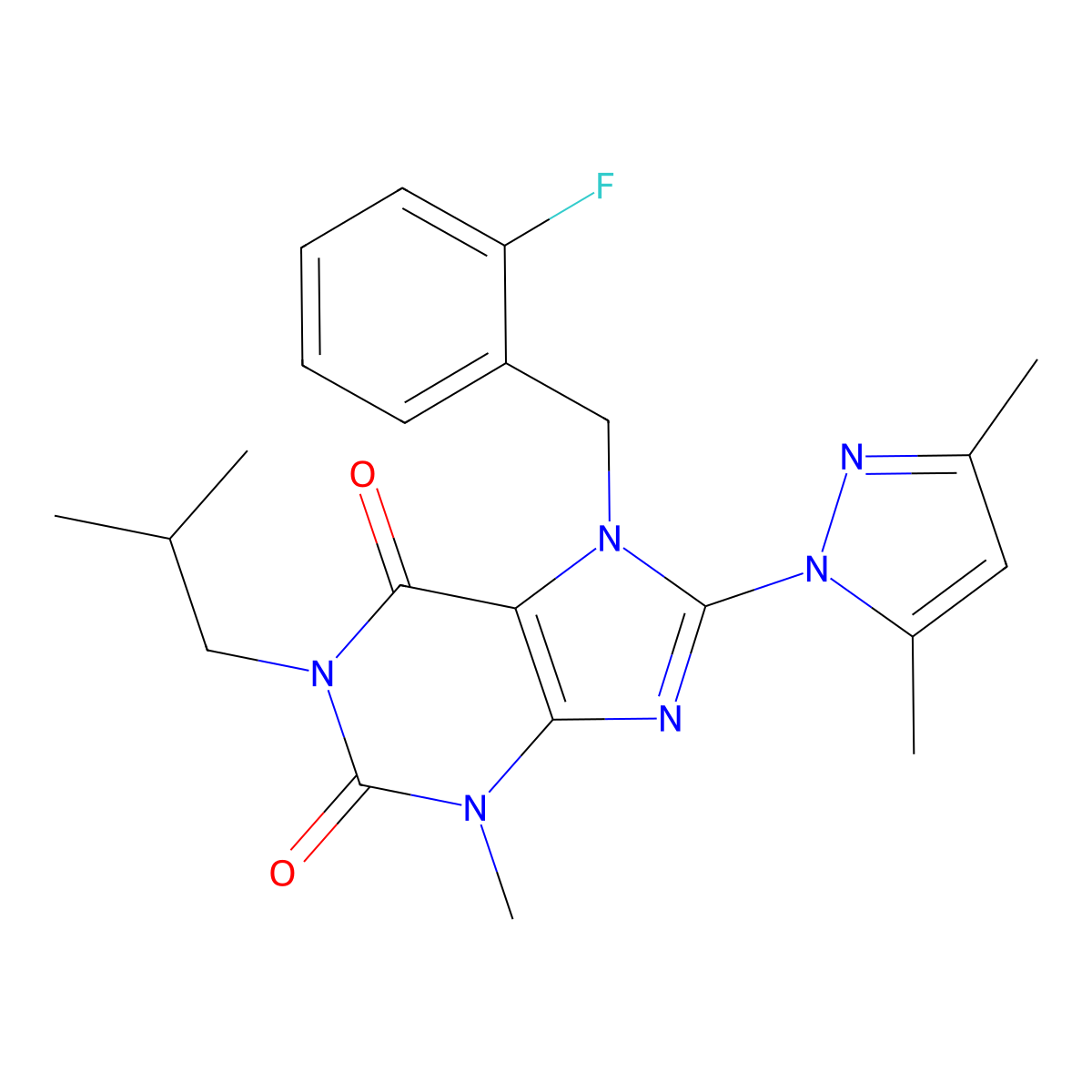 8-(3,5-dimethyl-1H-pyrazol-1-yl)-7-(2-fluorobenzyl)-1-isobutyl-3-methyl-1H-purine-2,6(3H,7H)-dione molecular structure, CAS 1020454-92-5