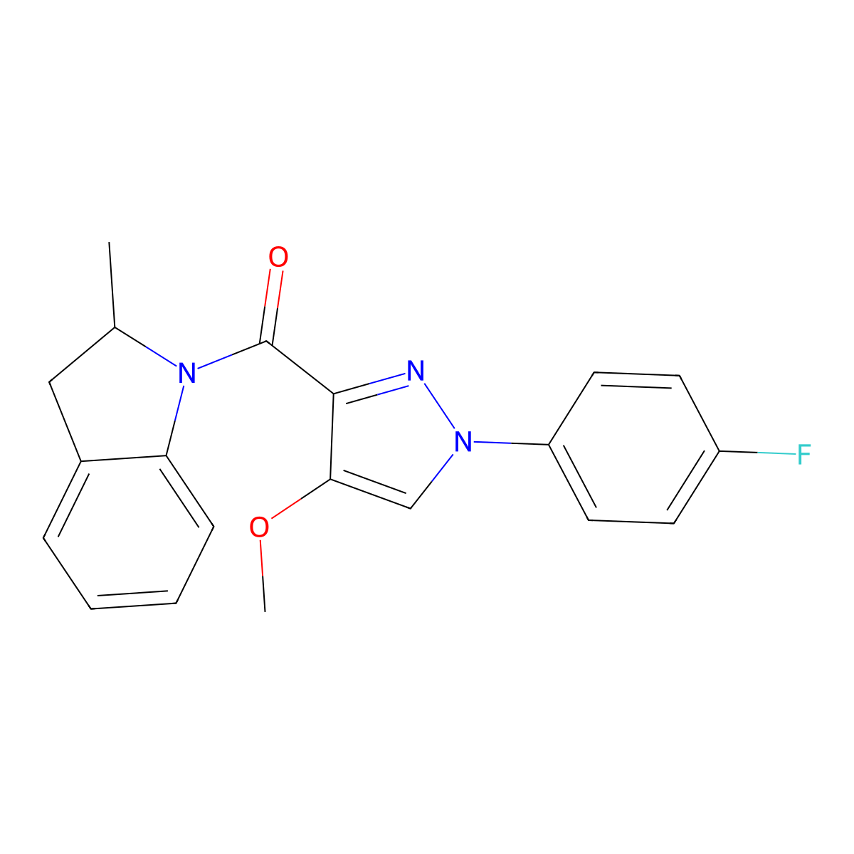 (1-(4-fluorophenyl)-4-methoxy-1H-pyrazol-3-yl)(2-methylindolin-1-yl)methanone molecular structure, CAS 1020454-94-7