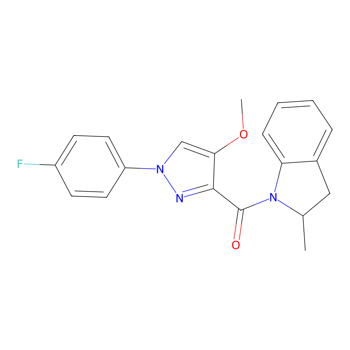 (1-(4-fluorophenyl)-4-methoxy-1H-pyrazol-3-yl)(2-methylindolin-1-yl)methanone molecular structure, CAS 1020454-94-7