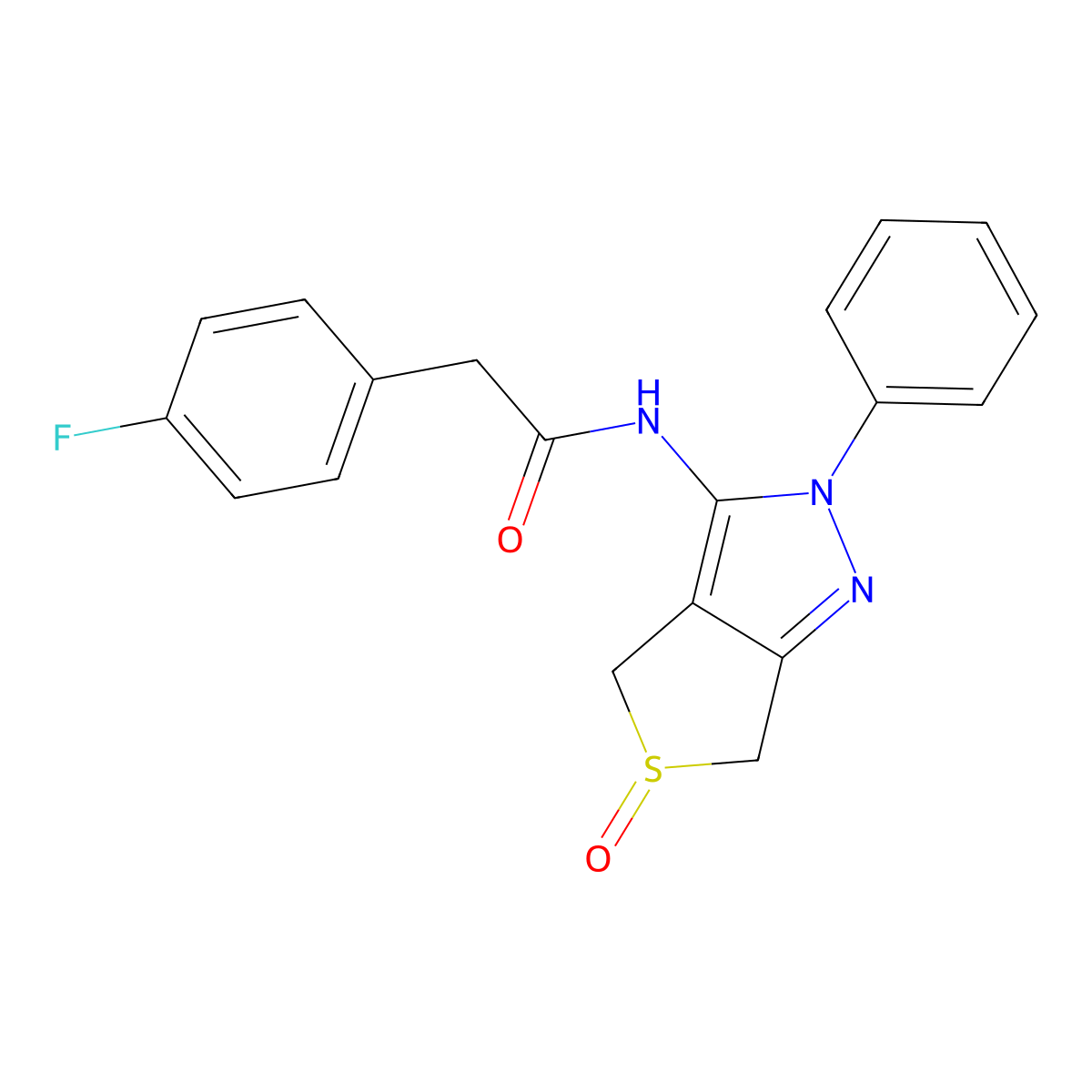 2-(4-fluorophenyl)-N-(5-oxido-2-phenyl-4,6-dihydro-2H-thieno[3,4-c]pyrazol-3-yl)acetamide molecular structure, CAS 1020478-03-8