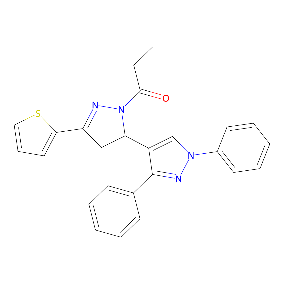 1-(1',3'-diphenyl-5-(thiophen-2-yl)-3,4-dihydro-1'H,2H-[3,4'-bipyrazol]-2-yl)propan-1-one molecular structure, CAS 1020478-10-7