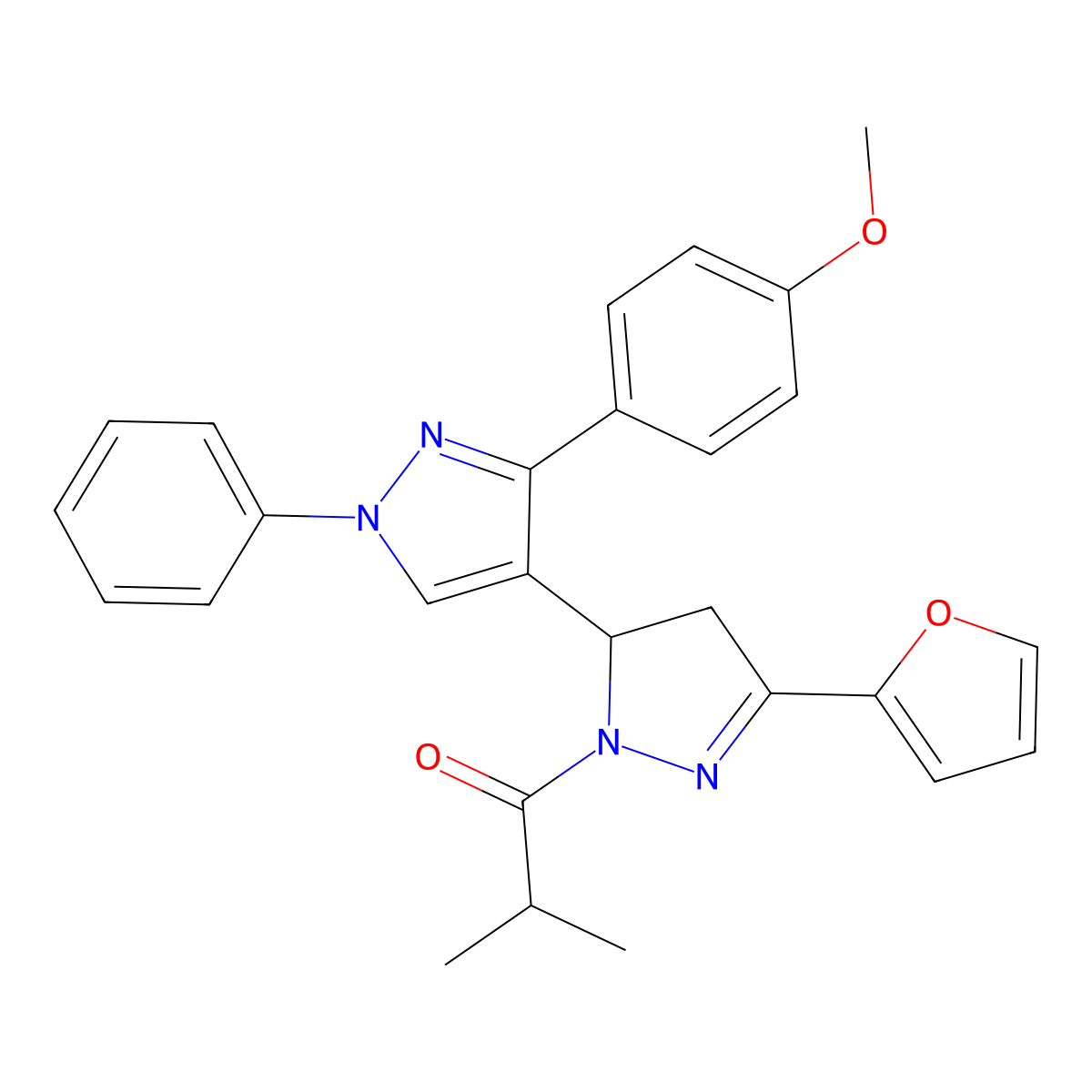 1-(5-(furan-2-yl)-3'-(4-methoxyphenyl)-1'-phenyl-3,4-dihydro-1'H,2H-[3,4'-bipyrazol]-2-yl)-2-methylpropan-1-one molecular structure, CAS 1020478-17-4