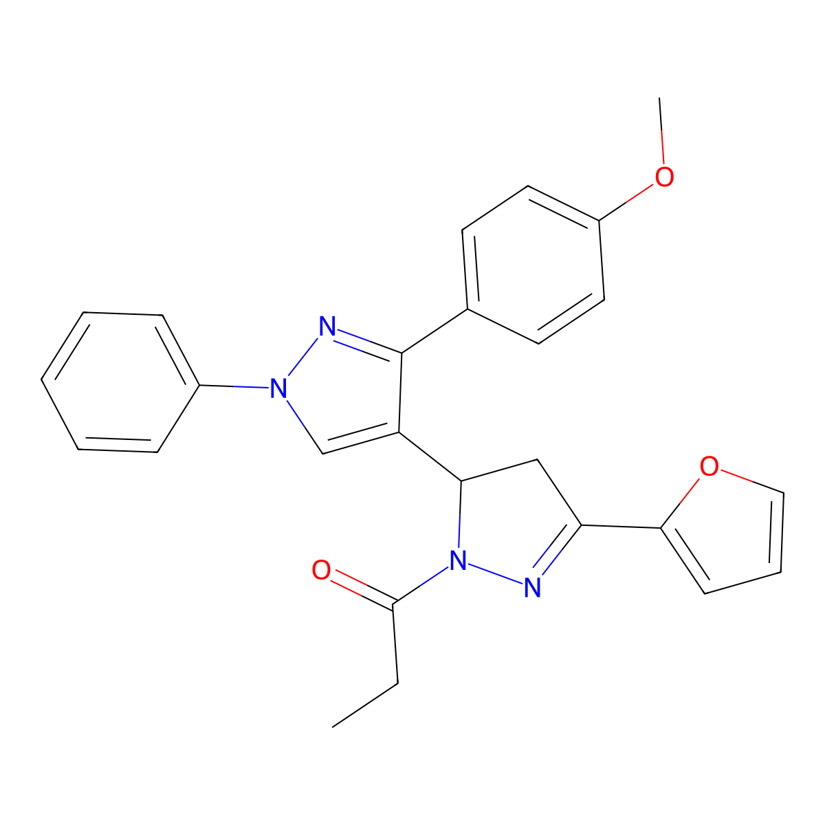 1-(5-(furan-2-yl)-3'-(4-methoxyphenyl)-1'-phenyl-3,4-dihydro-1'H,2H-[3,4'-bipyrazol]-2-yl)propan-1-one molecular structure, CAS 1020478-20-9