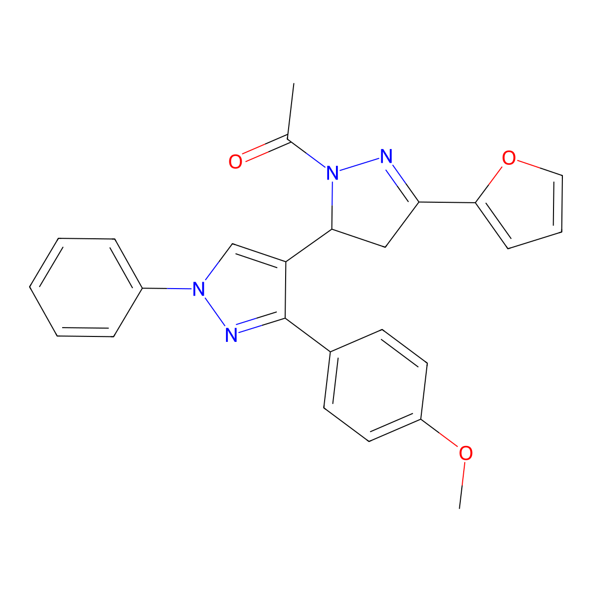 1-[5-(furan-2-yl)-3'-(4-methoxyphenyl)-1'-phenyl-3,4-dihydro-1'H,2H-[3,4'-bipyrazole]-2-yl]ethan-1-one molecular structure, CAS 1020478-23-2