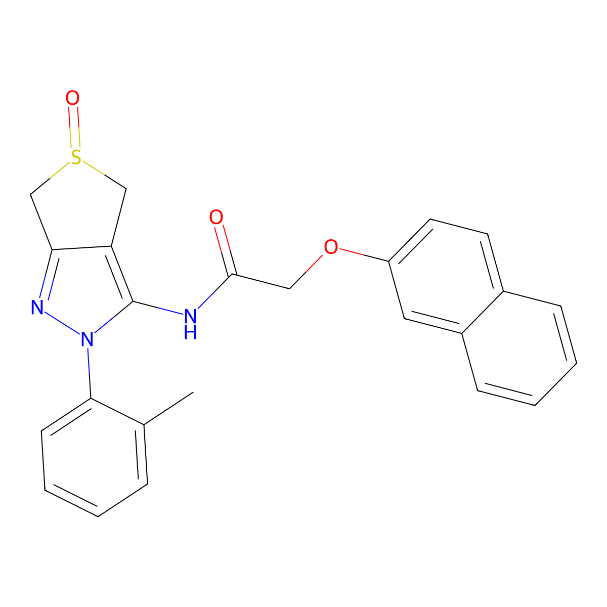 2-(naphthalen-2-yloxy)-N-(5-oxido-2-(o-tolyl)-4,6-dihydro-2H-thieno[3,4-c]pyrazol-3-yl)acetamide molecular structure, CAS 1020478-35-6