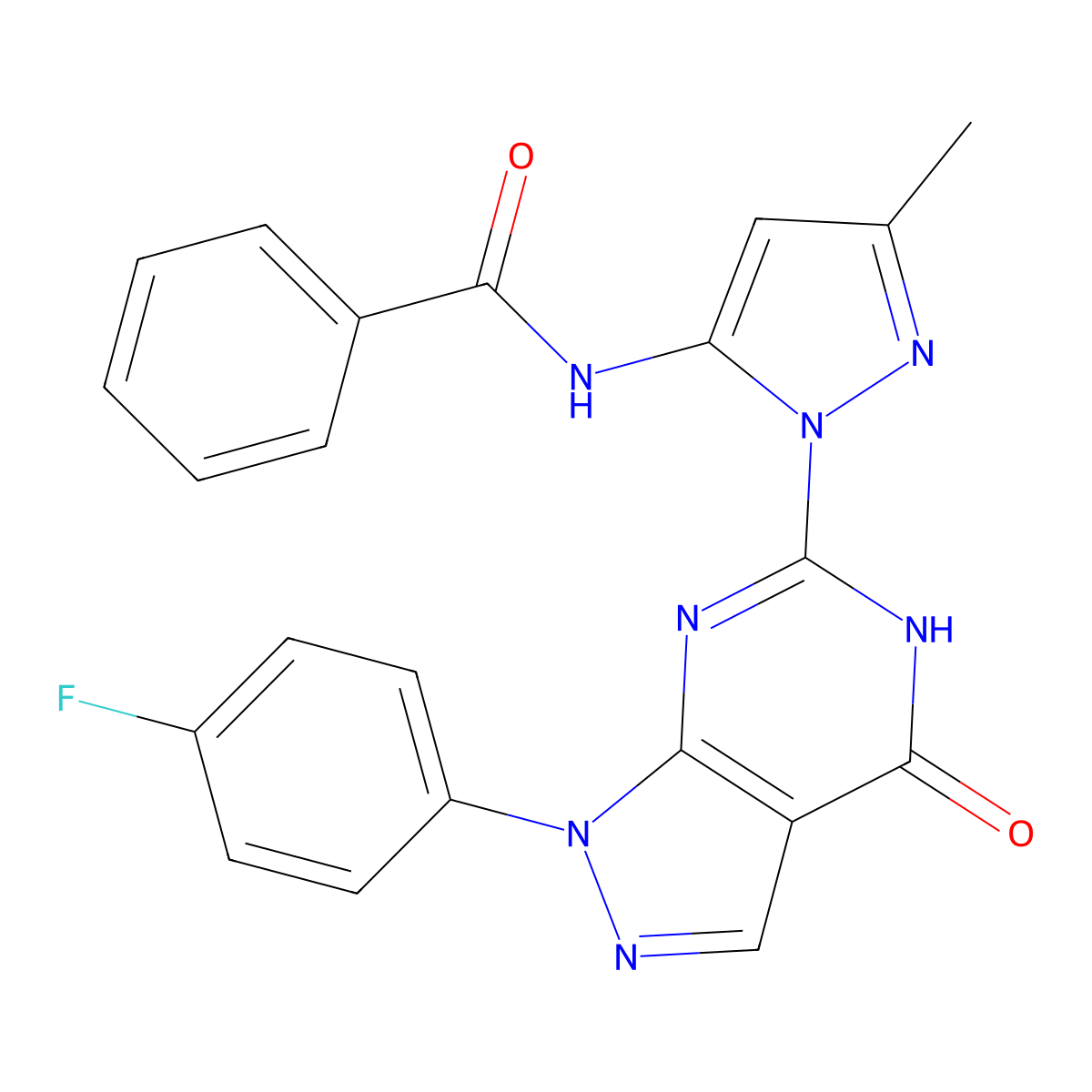 N-(1-(1-(4-fluorophenyl)-4-oxo-4,5-dihydro-1H-pyrazolo[3,4-d]pyrimidin-6-yl)-3-methyl-1H-pyrazol-5-yl)benzamide molecular structure, CAS 1020488-05-4