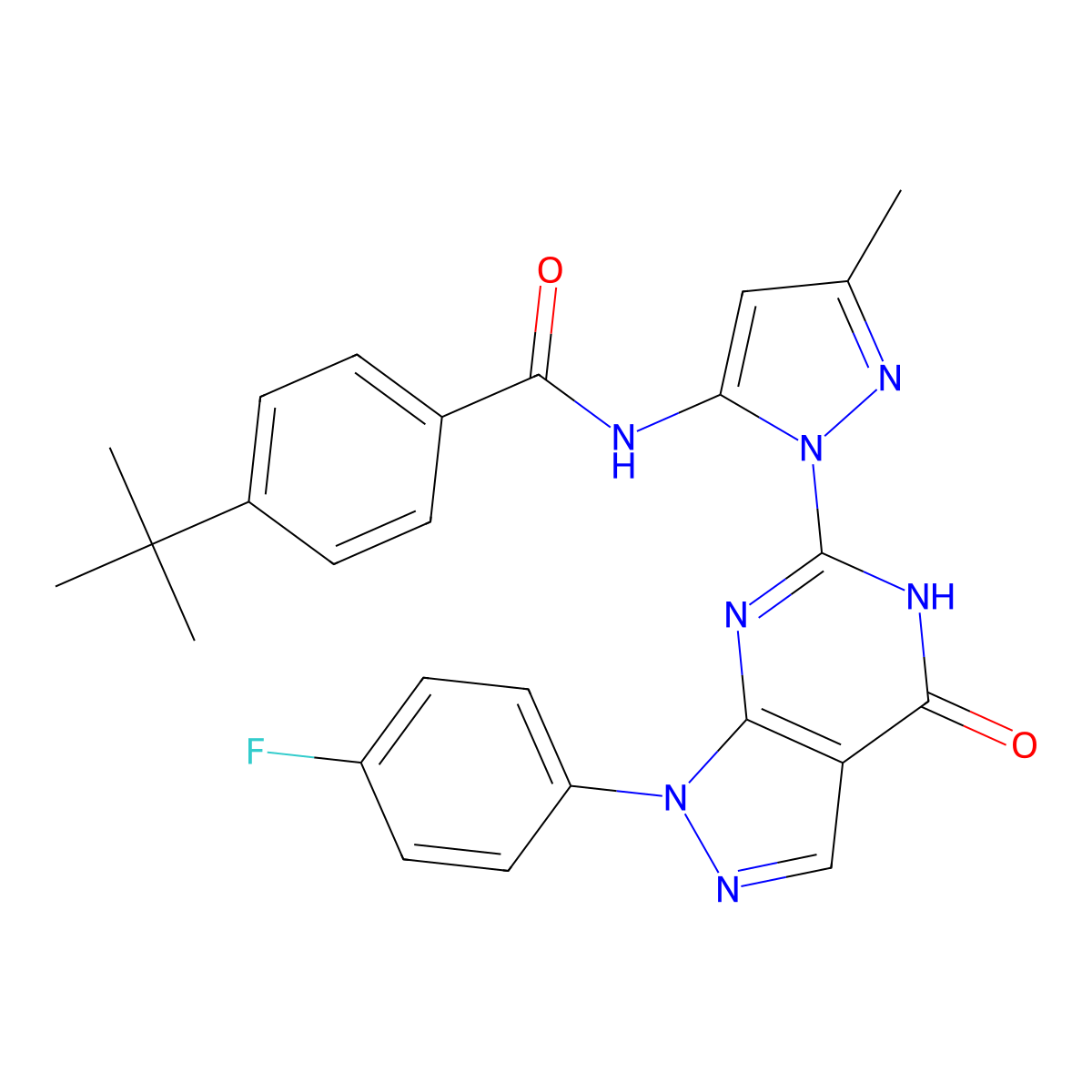 4-(tert-butyl)-N-(1-(1-(4-fluorophenyl)-4-oxo-4,5-dihydro-1H-pyrazolo[3,4-d]pyrimidin-6-yl)-3-methyl-1H-pyrazol-5-yl)benzamide molecular structure, CAS 1020488-08-7