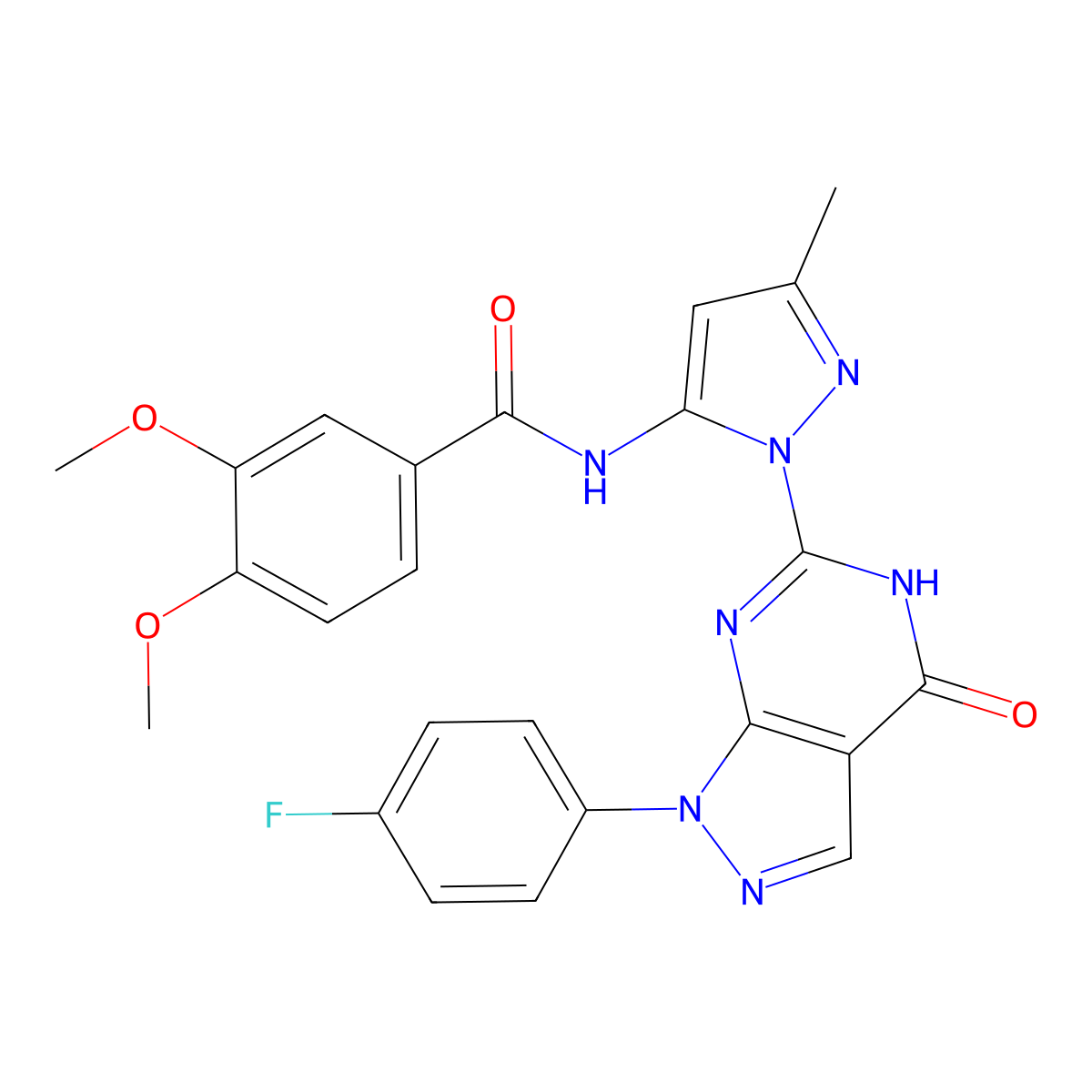 N-(1-(1-(4-fluorophenyl)-4-oxo-4,5-dihydro-1H-pyrazolo[3,4-d]pyrimidin-6-yl)-3-methyl-1H-pyrazol-5-yl)-3,4-dimethoxybenzamide molecular structure, CAS 1020488-12-3