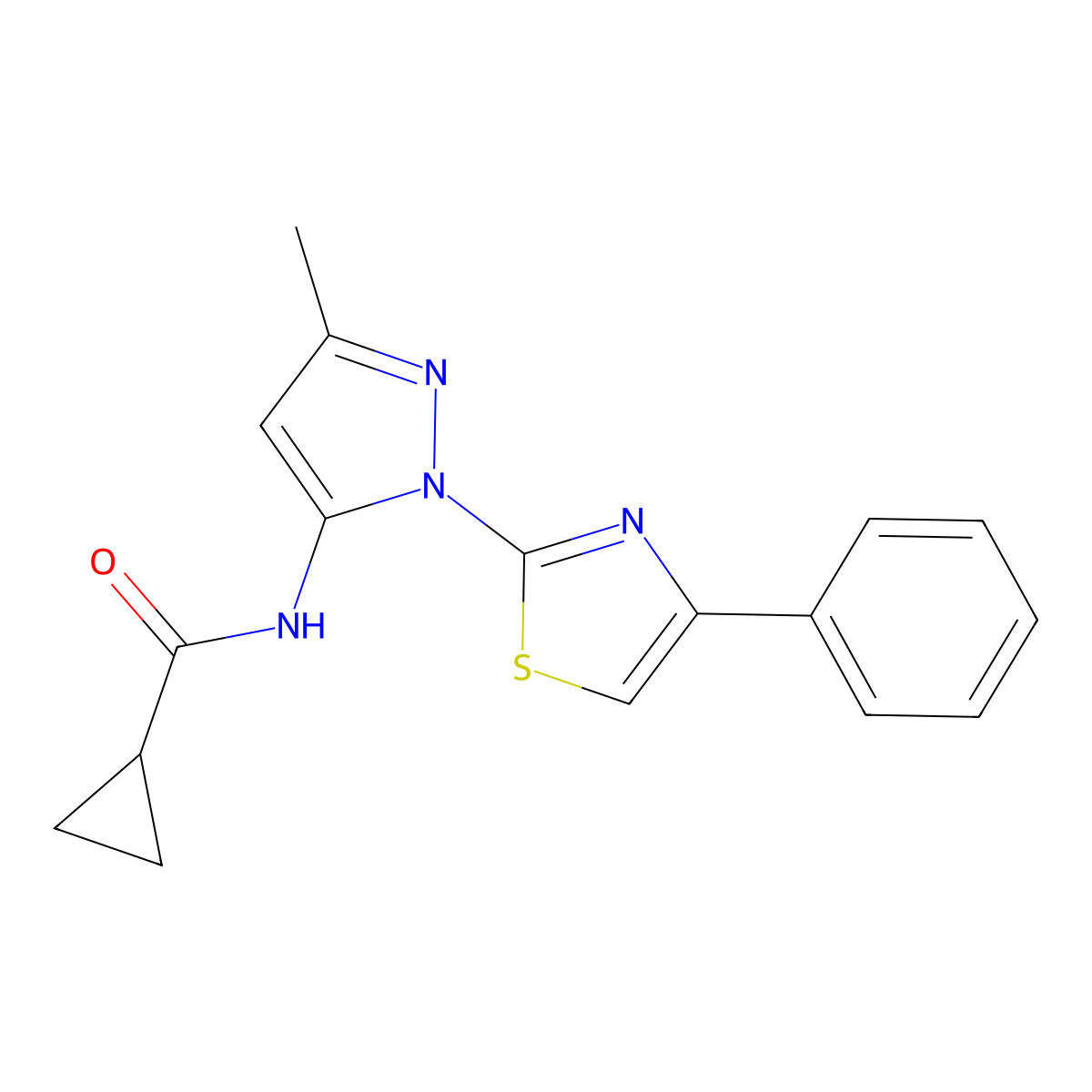 N-[3-methyl-1-(4-phenyl-1,3-thiazol-2-yl)-1H-pyrazol-5-yl]cyclopropanecarboxamide molecular structure, CAS 1020488-14-5