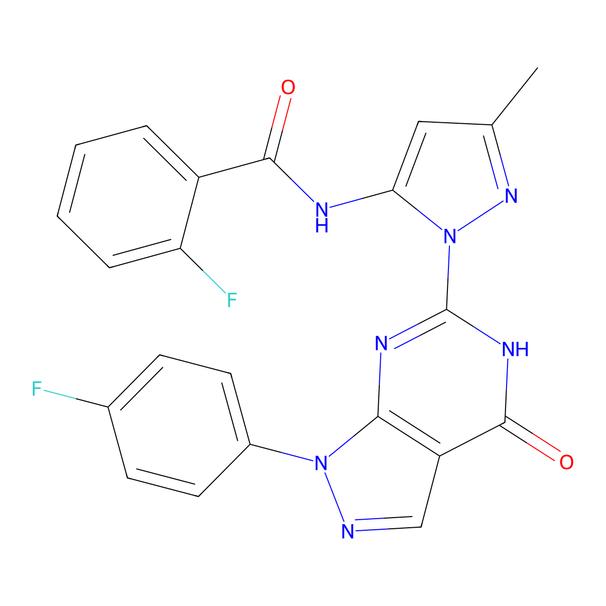 2-fluoro-N-(1-(1-(4-fluorophenyl)-4-oxo-4,5-dihydro-1H-pyrazolo[3,4-d]pyrimidin-6-yl)-3-methyl-1H-pyrazol-5-yl)benzamide molecular structure, CAS 1020488-15-6