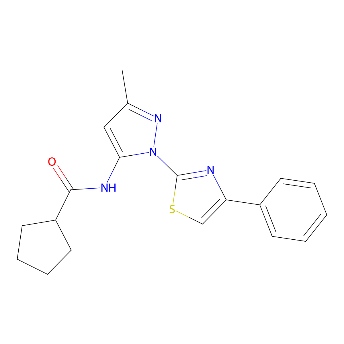 N-(3-methyl-1-(4-phenylthiazol-2-yl)-1H-pyrazol-5-yl)cyclopentanecarboxamide molecular structure, CAS 1020488-17-8