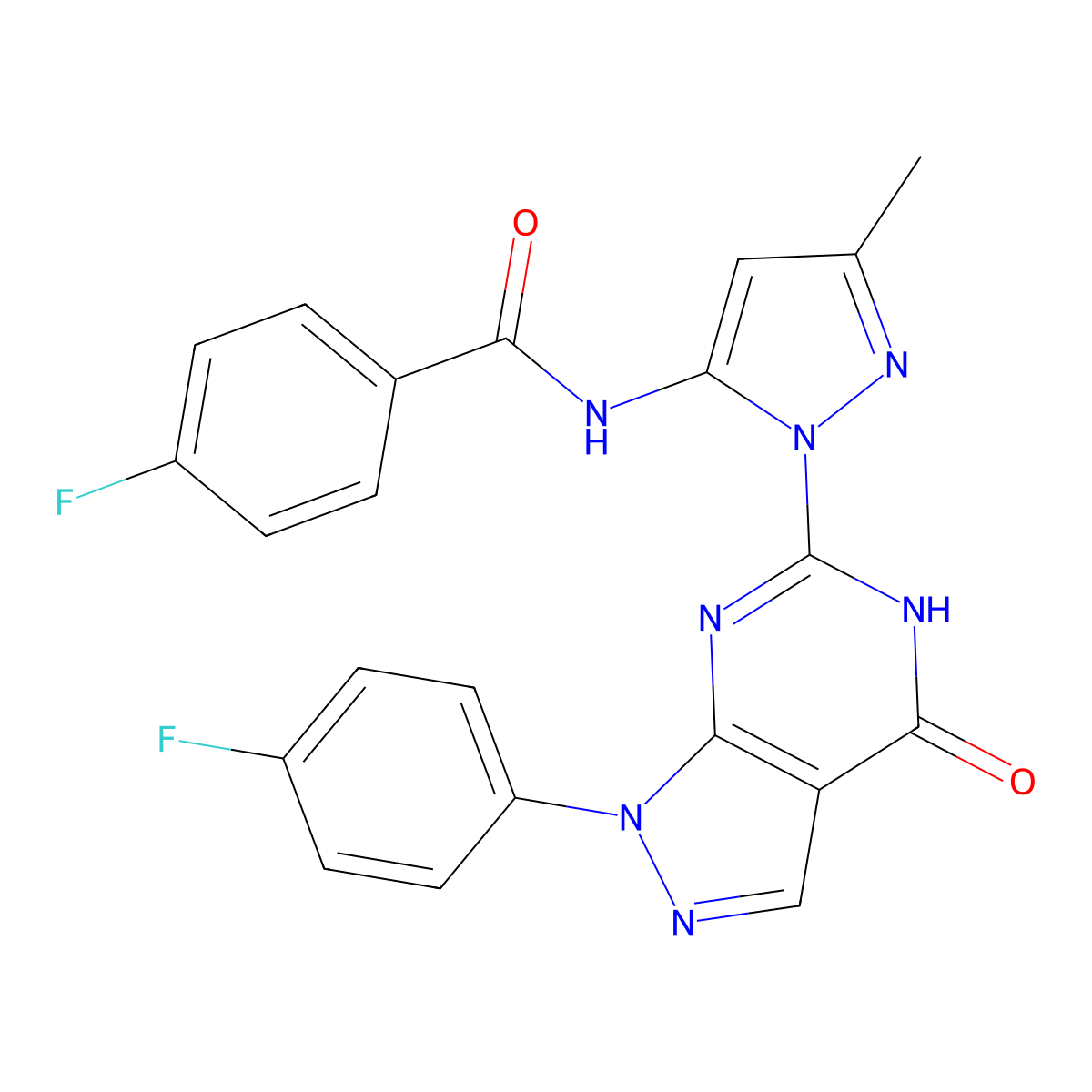 4-fluoro-N-(1-(1-(4-fluorophenyl)-4-oxo-4,5-dihydro-1H-pyrazolo[3,4-d]pyrimidin-6-yl)-3-methyl-1H-pyrazol-5-yl)benzamide molecular structure, CAS 1020488-18-9