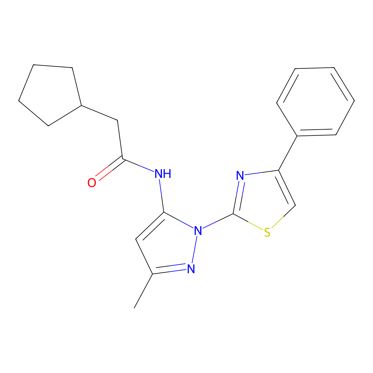 2-cyclopentyl-N-(3-methyl-1-(4-phenylthiazol-2-yl)-1H-pyrazol-5-yl)acetamide molecular structure, CAS 1020488-20-3
