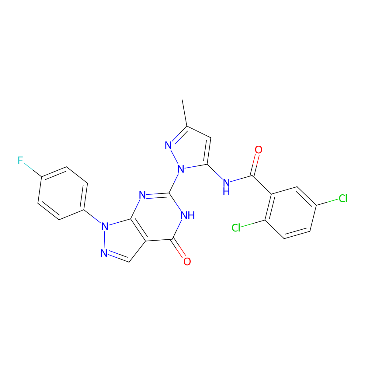 2,5-dichloro-N-(1-(1-(4-fluorophenyl)-4-oxo-4,5-dihydro-1H-pyrazolo[3,4-d]pyrimidin-6-yl)-3-methyl-1H-pyrazol-5-yl)benzamide molecular structure, CAS 1020488-21-4