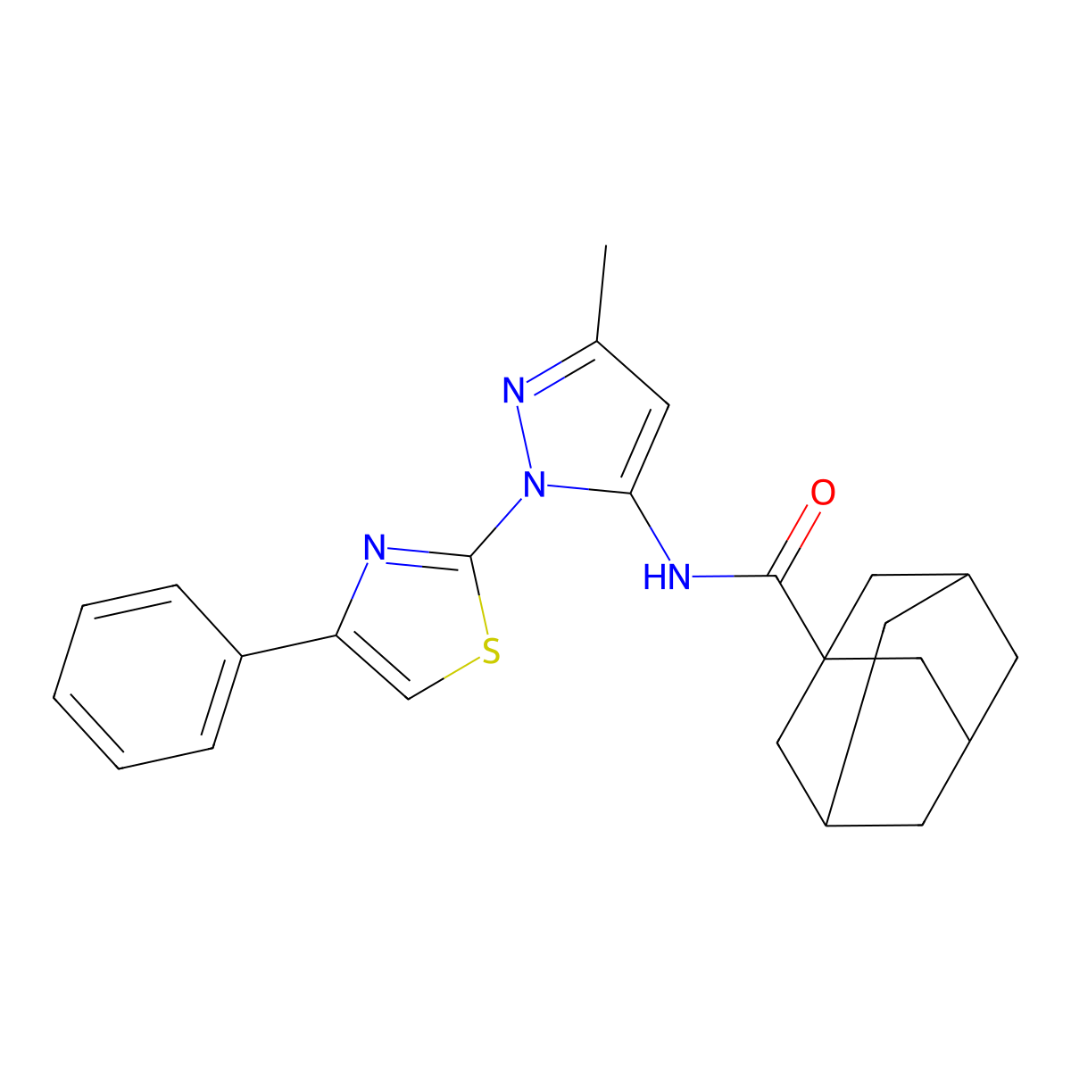 N-[3-methyl-1-(4-phenyl-1,3-thiazol-2-yl)-1H-pyrazol-5-yl]adamantane-1-carboxamide molecular structure, CAS 1020488-23-6